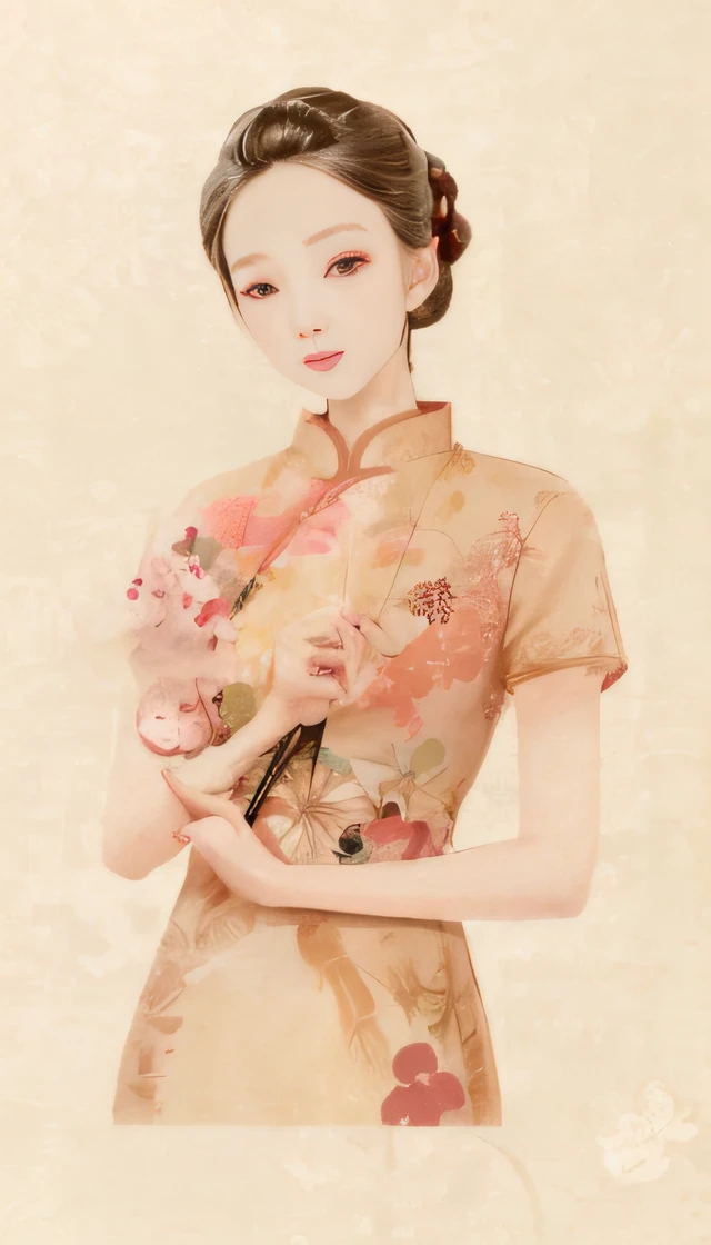 A painting of a woman holding a fan and a fan, Cheongsam, Republican style, Chinese watercolor style, Chinese style painting, Elegant lady, inspired by Yun Shouping, elegant japanese woman, Cheongsam beauty , Chinese woman, Wearing ancient Chinese clothes, Chinese painting style, inspired by Xie Huan, author：Mei Qing, inspired by Jiao Bingzhen, Chinese girl, The beauty of the Republic of China
