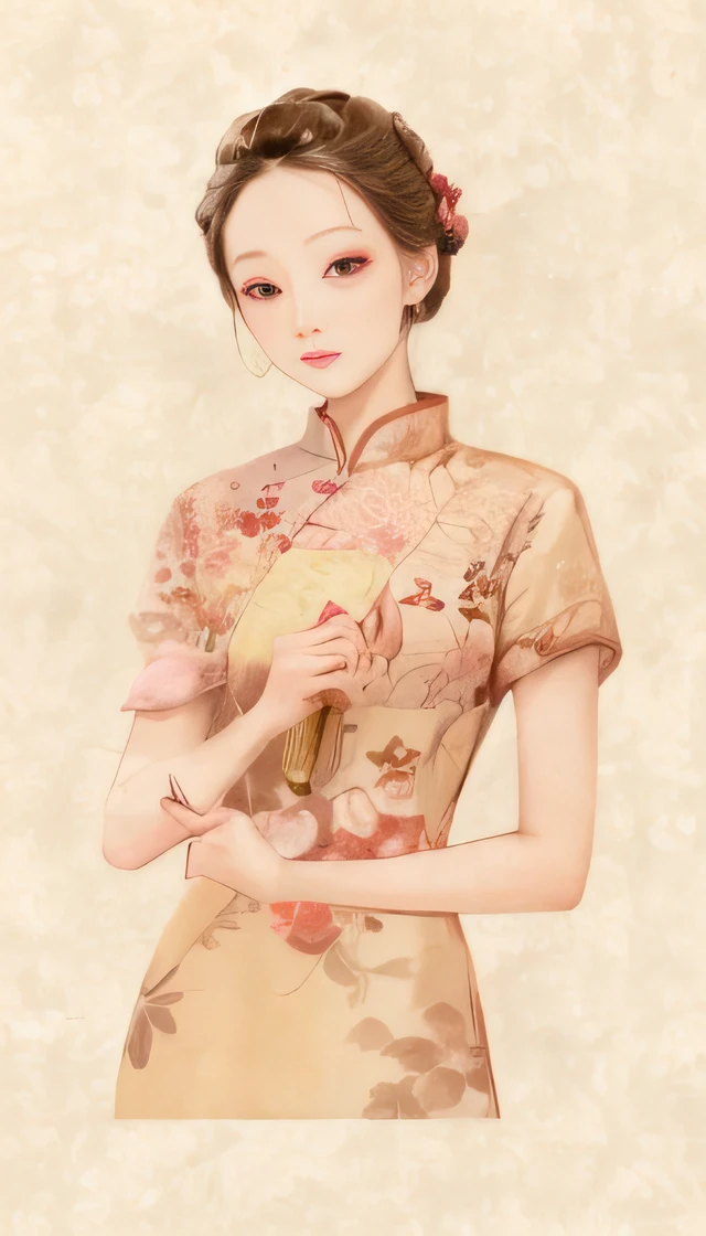 A painting of a woman holding a fan and a fan, Cheongsam, Republican style, Chinese watercolor style, Chinese style painting, Elegant lady, inspired by Yun Shouping, elegant japanese woman, Cheongsam beauty , Chinese woman, Wearing ancient Chinese clothes, Chinese painting style, inspired by Xie Huan, author：Mei Qing, inspired by Jiao Bingzhen, Chinese girl, The beauty of the Republic of China