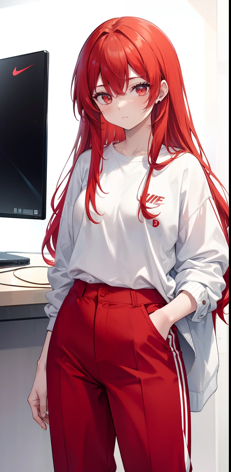 a woman in white shirt and black pants is playing video game, simple style, wearing stylish casual clothes, soft red, simple clothes, milk and red style, casual clothing style, modern fashion clothing, dressing a fisherwoman, casual modern clothes, inspo, red clothes, red pants, neutral tones, rred and white color scheme, business casual clothing,  happy face, nike sneakers, 22 years, adult face, long hair, ((red hair))