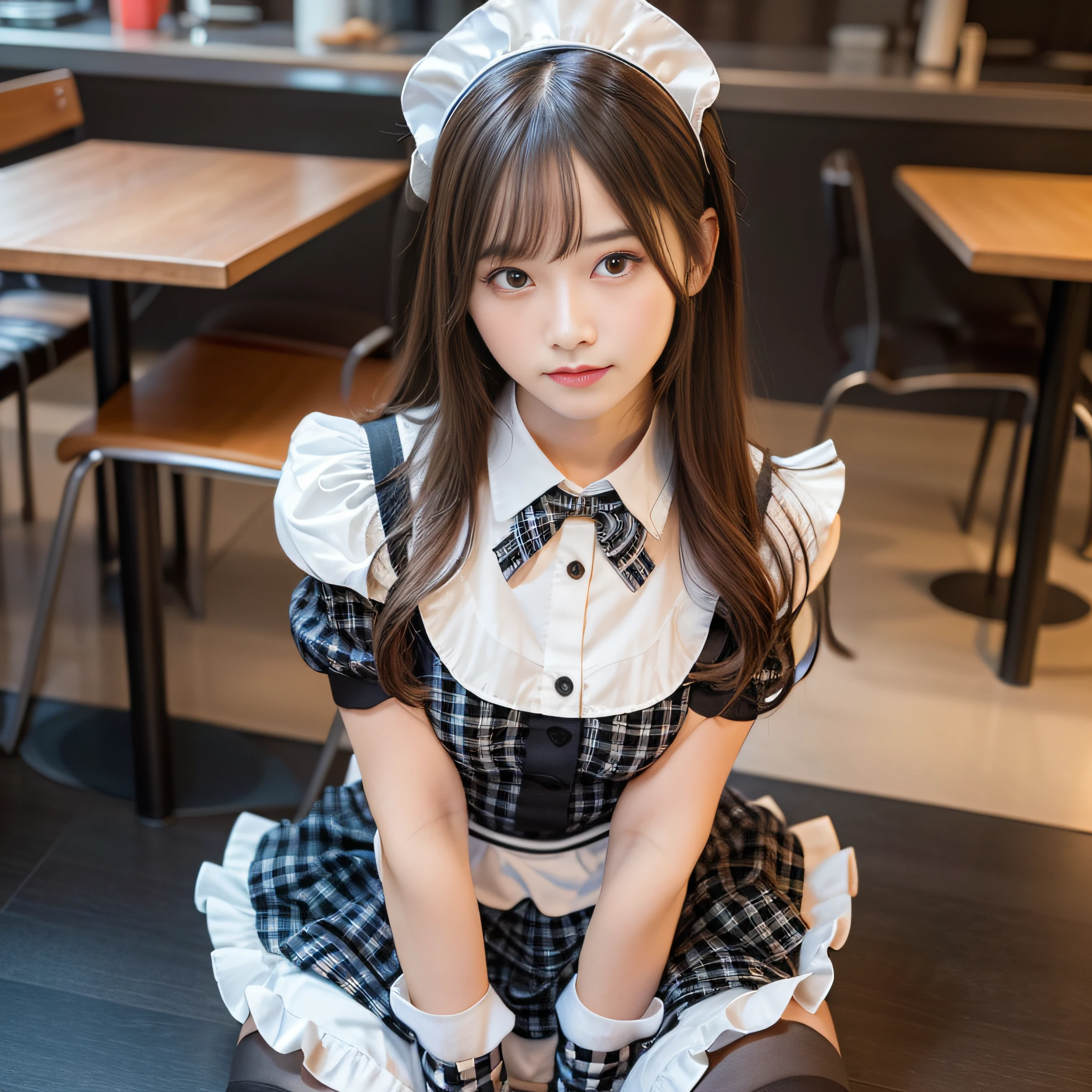 in 8K,Best Quality:1.4, 超A high resolution:1.5, (Photorealistic:1.4),masterpiece:1.2,(top-quality:1.4)、 Raw photo、 (the background is blurred), 1日本人の女の子, Cute, (Solo:1.4), (Shy smile), Smooth skin、 (Brown medium hair,Bangs),nogizaka,Supple fingertips,Beautiful black eyes、dual、natural skin textures:1.3, realistic eyes and face details:1.7、middlebreasts、during daytime、Toned buttocks:1.5、gazing at viewer,The camera is3mBackward, Cheerful,(maid:1.2),Bow,Long sleeves, Black sleeves,(Long tights with black plaid:1.5),Maid headdress,maid apronl,cafeteria,Upper body:1.8,(detailed hairs:1.1), (Detailed eyes:1.1)