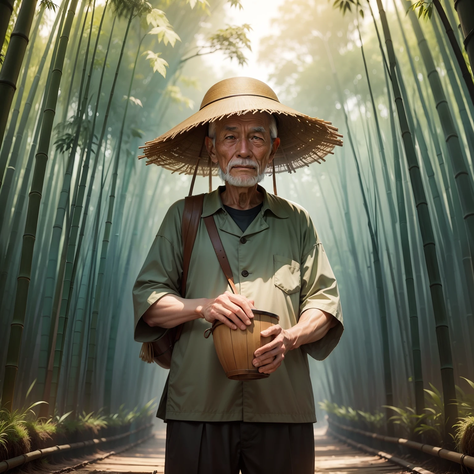 A old man,bamboo forrest,bucket-hat,Bamboo baskets,