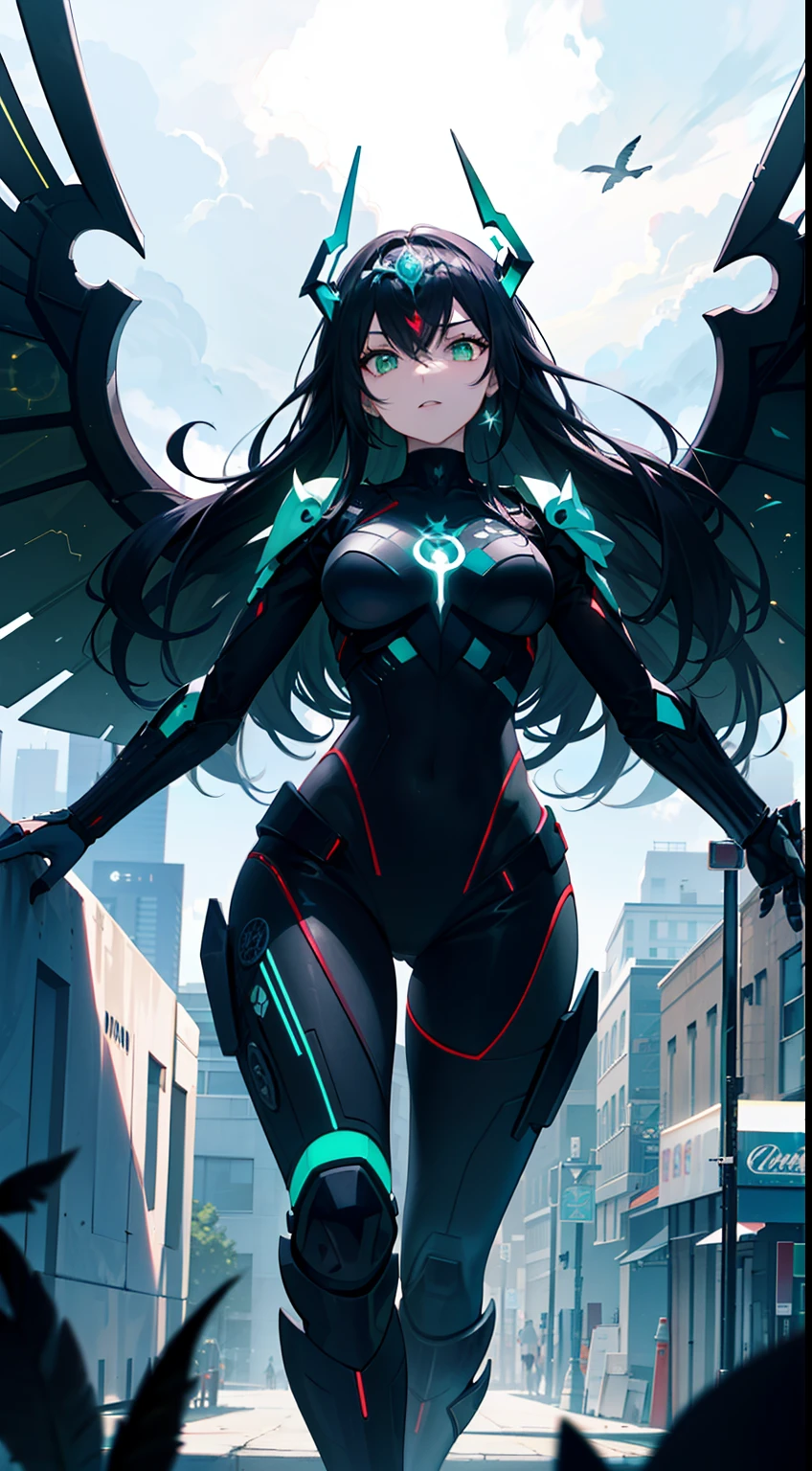 "Design a unique superheroine that seamlessly blends modern aesthetics with the bravado of a contemporary superhero. This heroine exudes the sleekness and innovation of today's superhero world while drawing inspiration from classic valor.
Her appearance is a fusion of cutting-edge design and high-tech functionality. She wields a state-of-the-art flail with a spherical head adorned with retractable spikes, a symbol of her adaptability in combat and her unwavering commitment to safeguarding the city.
Her armor is a marvel of polymer technology, (((combining sleek lines and futuristic materials))). The dominant color scheme consists of deep ((green with red)) and gold accents, giving her a regal yet dynamic presence as she navigates through urban landscapes.
Glistening metallic wings emerge from her back, engineered with advanced precision. The wings' intricate details replicate the patterns found in modern machinery, highlighting her connection to contemporary innovation and her ability to maneuver effortlessly through the urban environment.
(((Her face is adorned with intricate patterns))) that reflect circuitry and ((digital motifs)), representing her integration with cutting-edge technology. Her piercing green eyes glow with determination and a keen sense of justice, reflecting her vigilant watch over the city.
In summary, this superheroine embodies the convergence of contemporary valor and futuristic heroism. Her flail, wings, and color palette contribute to her distinctive identity as a city protector, combining modern advancements with her relentless dedication to justice."