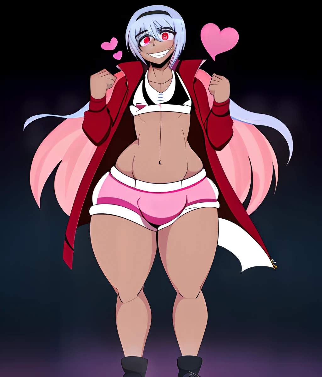 ((anime boy )), ((androgynous)),((Dark skin)), ((long white hair with pink streaks)),(( hair Styled into a Bun and braided ponytail )),((Red eyes)) , (Tall),(thin, average hips),(White half jacket), ((hot pink Crop top)) ,(Skimpy white shorts) , heart face marking,evil aura, crazy smile , ((Pop Idol)) , ((yandere: 1.5)), ((Masterpiece)), High Aesthetic, ((high quality )),((1boy, Solo)),huge ass!!, hyper thighs!!, bottom heavy,big Belly