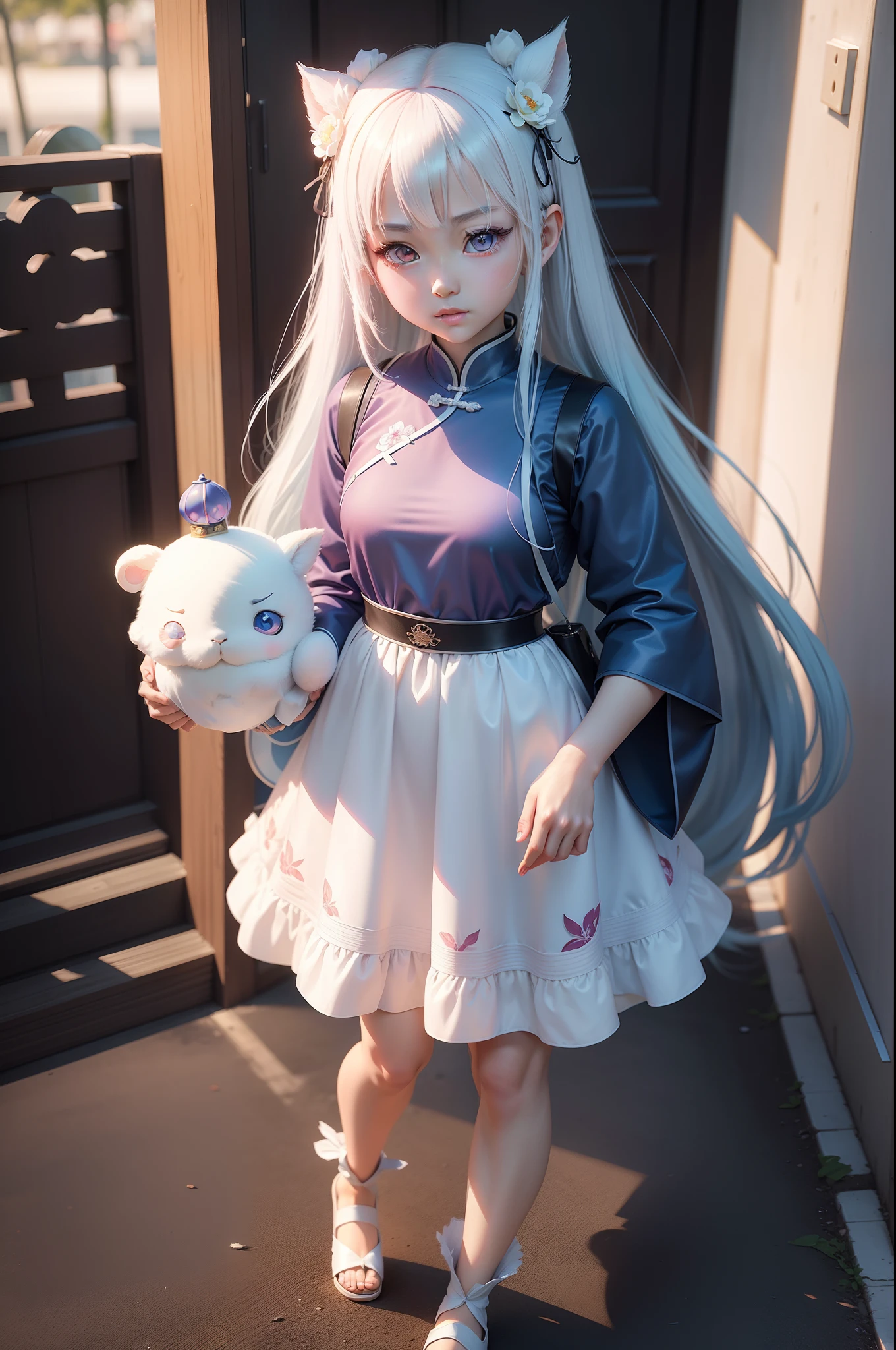 A Chinese anime girl with white hair and blue and white tulle clothes carrying a jade rabbit-shaped lantern made of laurel branches, Pink eyes, Anime style mixed with Fujifilm, Anime girl in real life, Anime girl cosplay, hyper realistic anime, Photorealistic anime, up of young anime girl, Chinese style close-up of a young anime girl,China-style, realistic anime 3D style, Realistic young anime girl, Kawaii Reality Shaw