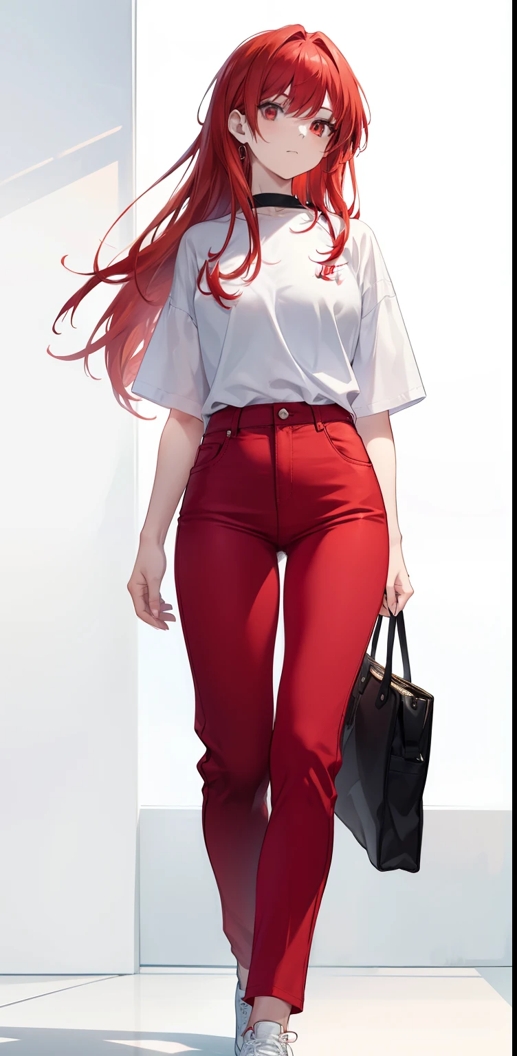 a woman in a white shirt and red pants is playing video game, simple style, wearing elegant casual clothes, muted red, simple clothes, milk and red style, casual clothing style, modern fashion outfit, wearing a fisher , casual modern clothing, inspo, red clothes, red pants, neutral tones, rred and white color scheme, casual business outfit, scary face, nike shoes, 22 years old, adult face, long hair, ((red hair))