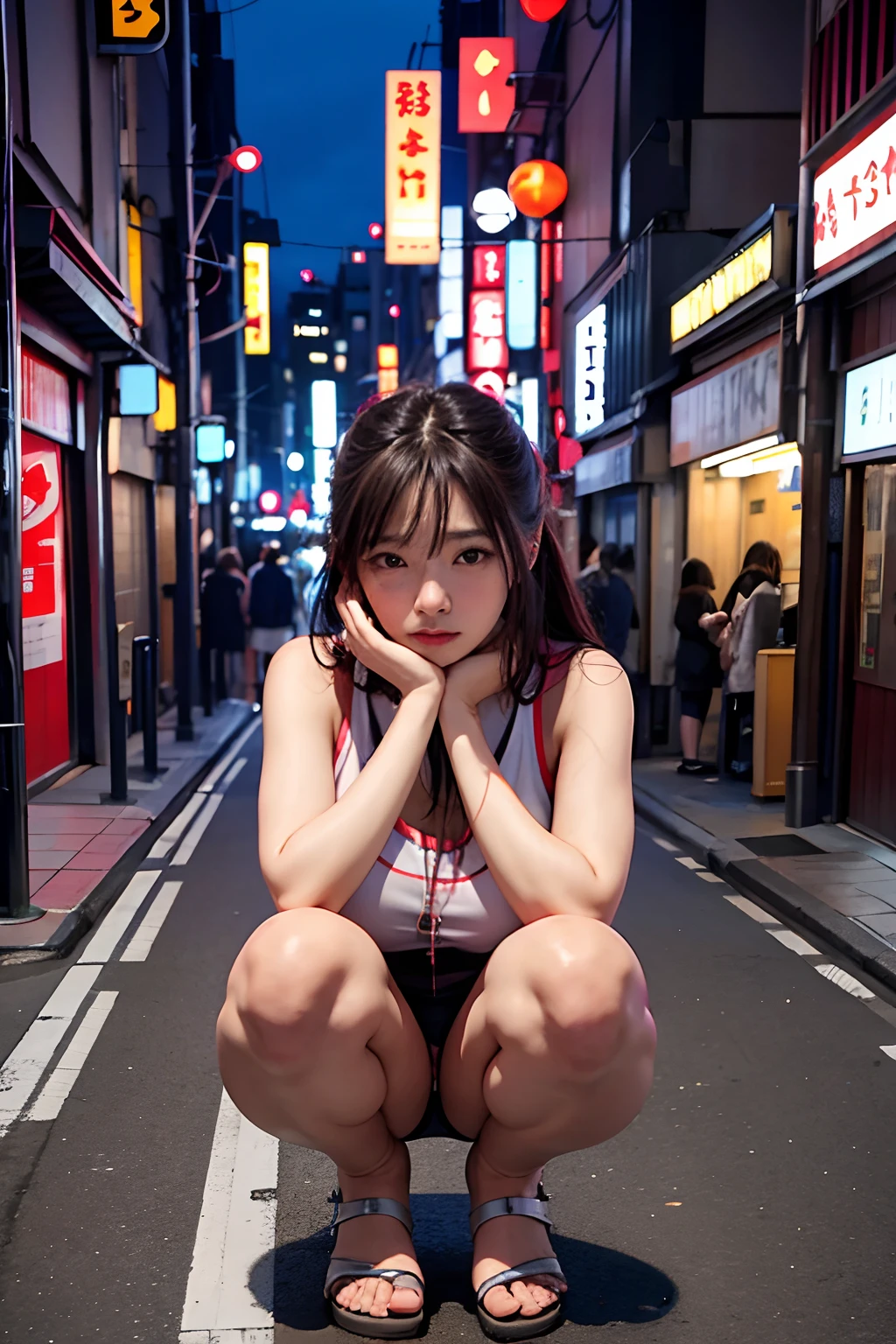 1girl、Streets of Tokyo、natta、A city scape、city light、full bodyesbian、8k、RAW Photography、top-quality、masterpiece、realisitic、Photorealsitic、Squat dwelling