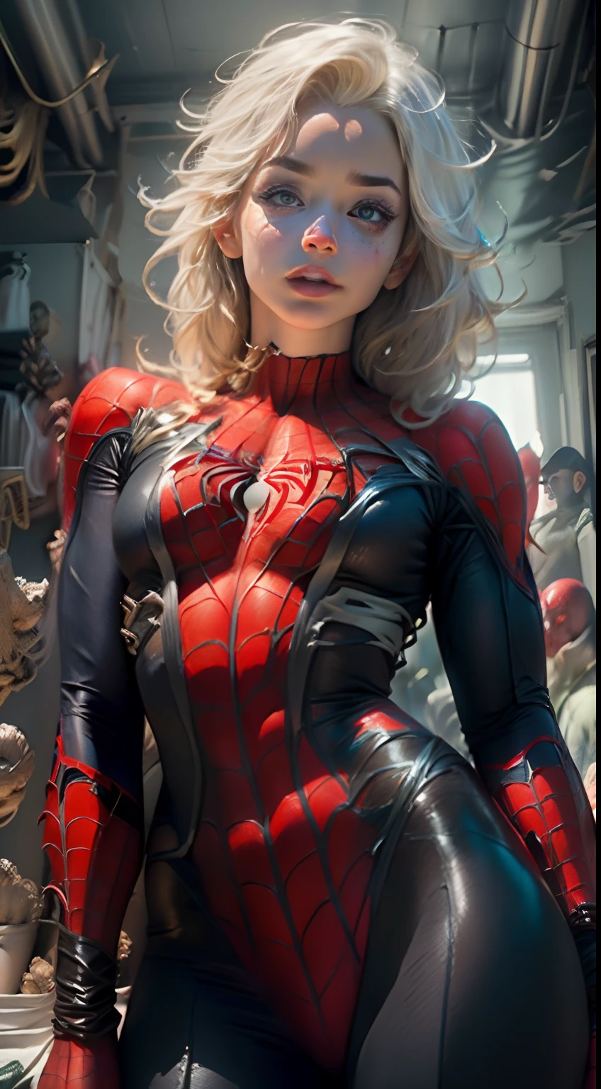 (((Mulher bonita cabelo branco longo:1.3))), (((corpo definido seios grandes))), (((vestindo cosplay de Spiderman:1.2))).