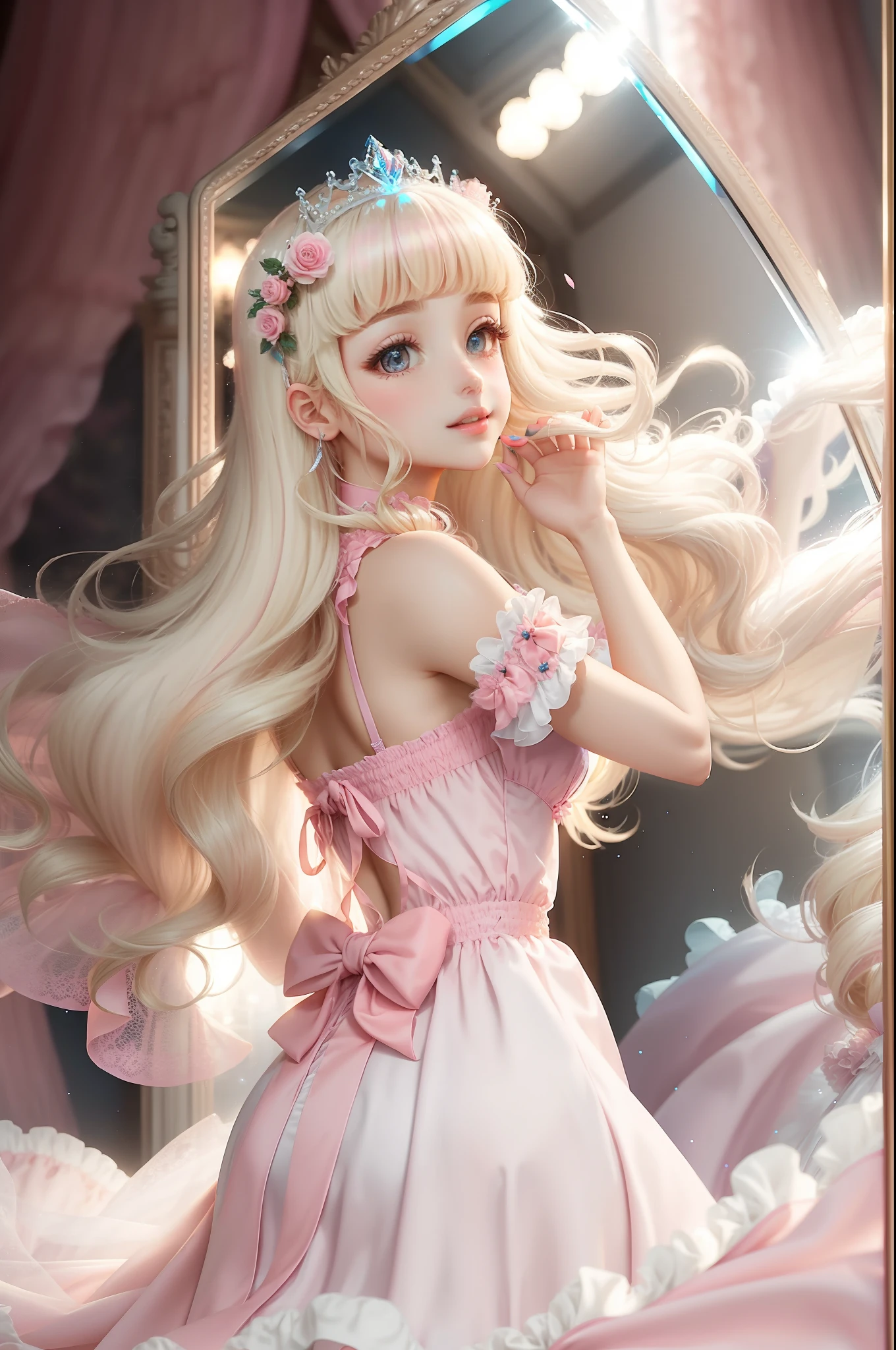 Princess　A Princess　Soft　Best quality in good style(Highest Quality) , High quality(hiquality)　Pink and fluffy dress blonde and soft hair　corolla　The whole body is reflected A wonderful atmosphere with very delicate tones