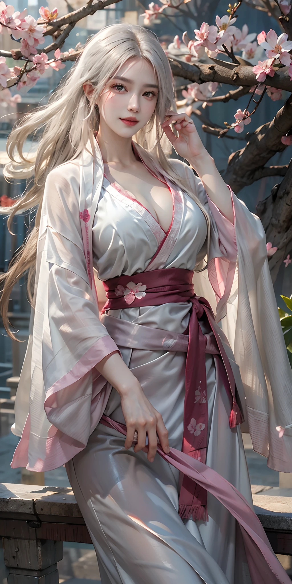photorealistic, high resolution, soft light,1women, solo, hips up, shining skin, (detailed face),tattoo, jewelry, hanfu, cloak, cherry blossom, night, white wavy hair, Beautiful Soldier, Eyes That Invite Viewer, Lover's Perspective, Inviting Expression, Sexy Smile, Perfect Style, Perfect Balance, Detailed Skin, Naughty Gaze, Chest Visible