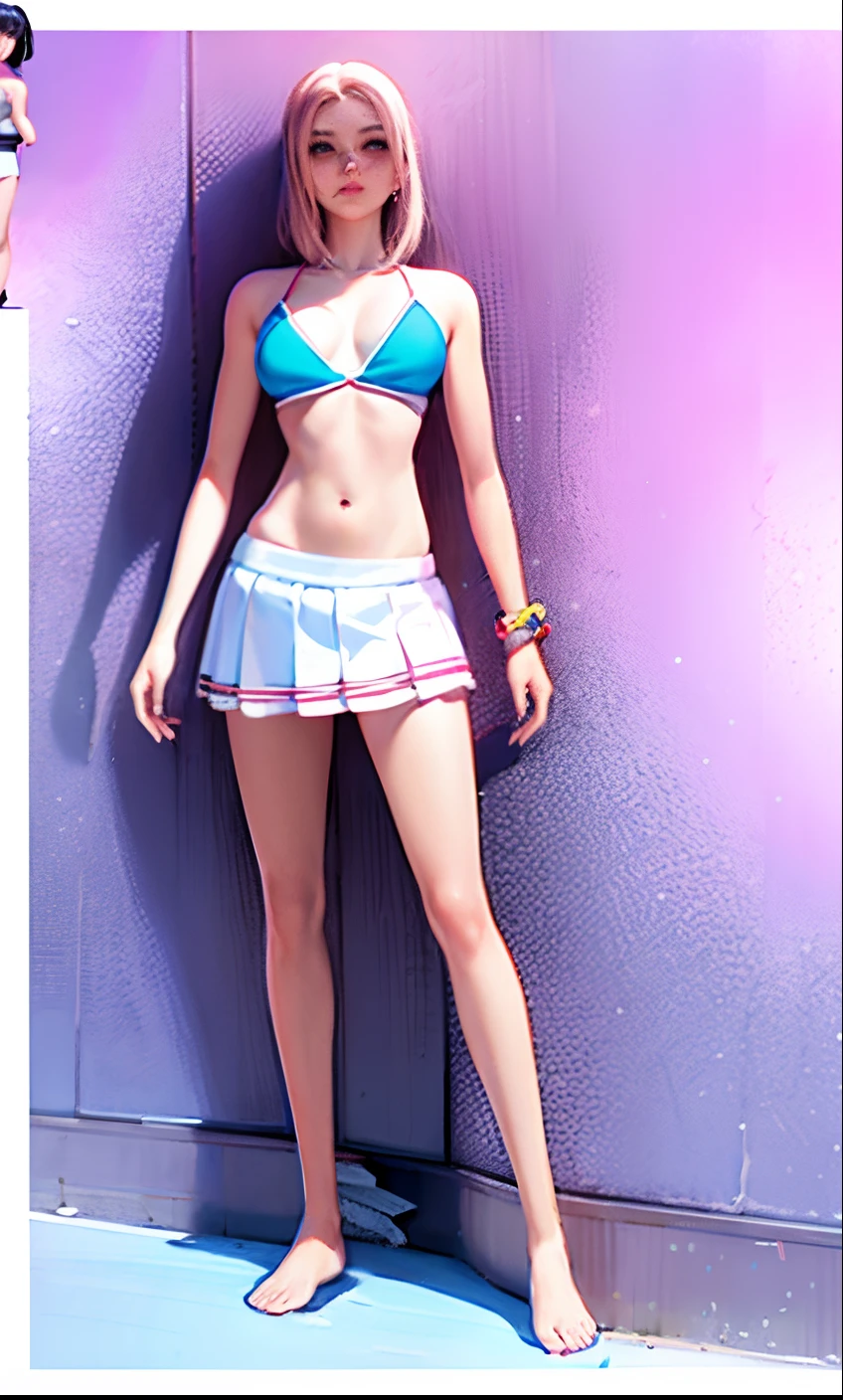 Cartoons of a woman in a bikini and tennis skirt, traje: sbikini, is wearing a swimsuit, roupa feminina, anime vtuber modelo de corpo inteiro, Estilo de pista Azur, meninas estilo linha de frente, Realistic bikini, design de roupa clara, white skirt and barechest, usando uma regata e saia, meu vestido queridinho anime, detalhes finos. meninas da linha de frente