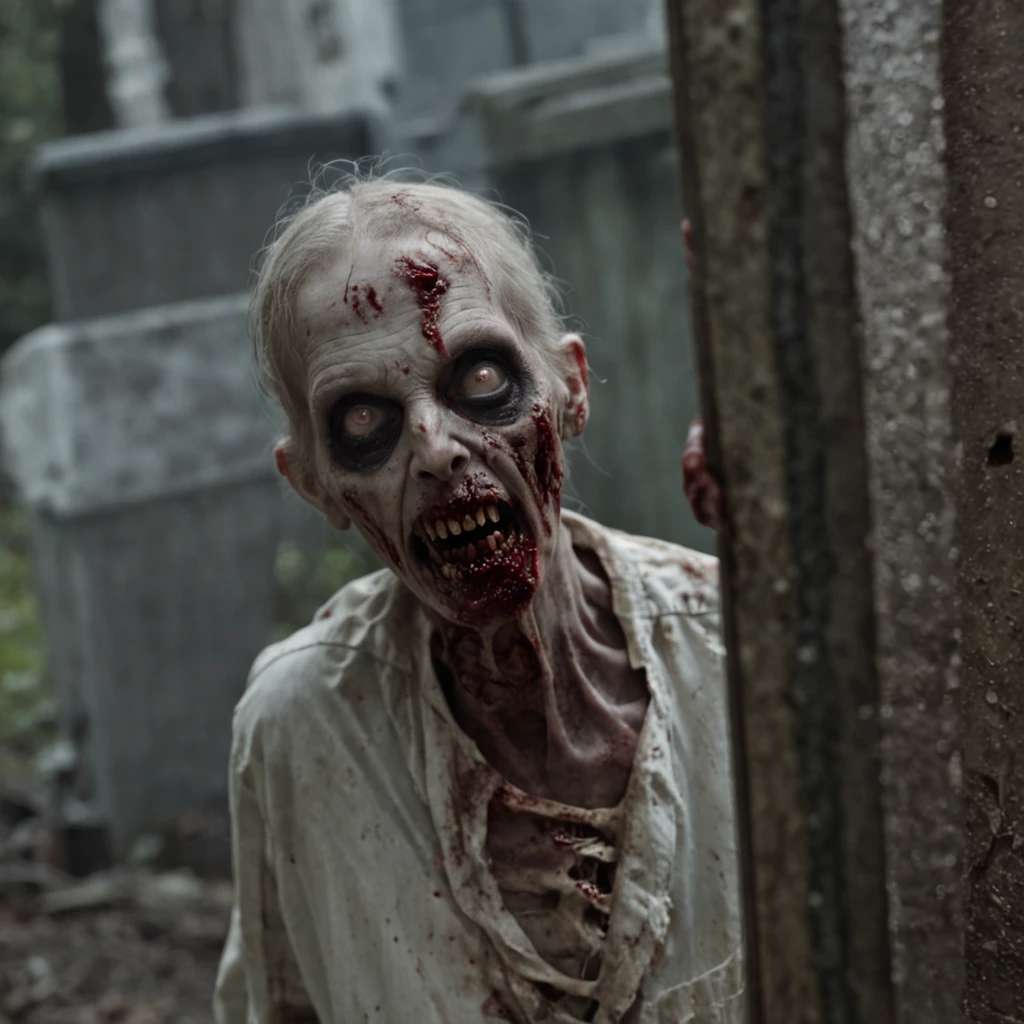zombie, undead, walking corpse, decaying flesh, tattered clothes, rotting teeth, bloodshot eyes, empty gaze, outstretched arms, hunger, menacing, graveyard, moonlight, mist, eerie atmosphere, abandoned building, broken windows, decay, dark shadows, dirt, Halloween, horror movie, spooky, nightmarish, (creepy soundtrack:1.2), flesh-eating, crawling, (gory details:1.5), brain, cemetery, tombstone, clawed hands, (groaning:1.3), (sharp bite:1.4), zombie apocalypse.