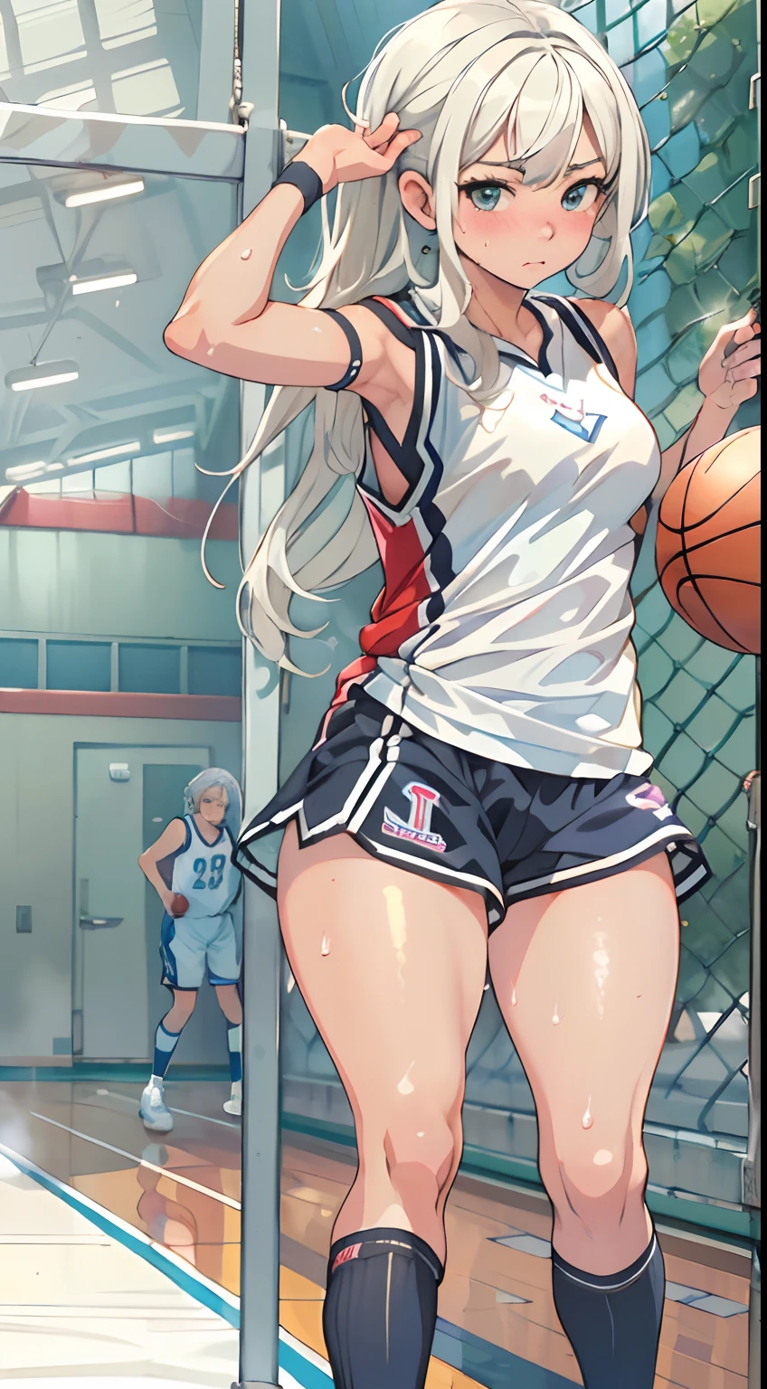 (((masterpiece))), (((best quality))), (((ultra detailed))), (((high-resolution))), ((super fine illustration)), ((Ultimate cutie)), detailed beautiful face,(white hair), shiny hair, ((((gyaru)))), (medium breasts), (((solo))), (((embarrassed expression))), ((basketball player)),((ball dribbling)), (((hand on the ball))), (sleeveless basketball Uniform), knee pad, elbow pad, ((sweat)), ((covered in sweat)), ((fog)), in basketball Court, lighting, ((from behind)),(((looking at viewer)))