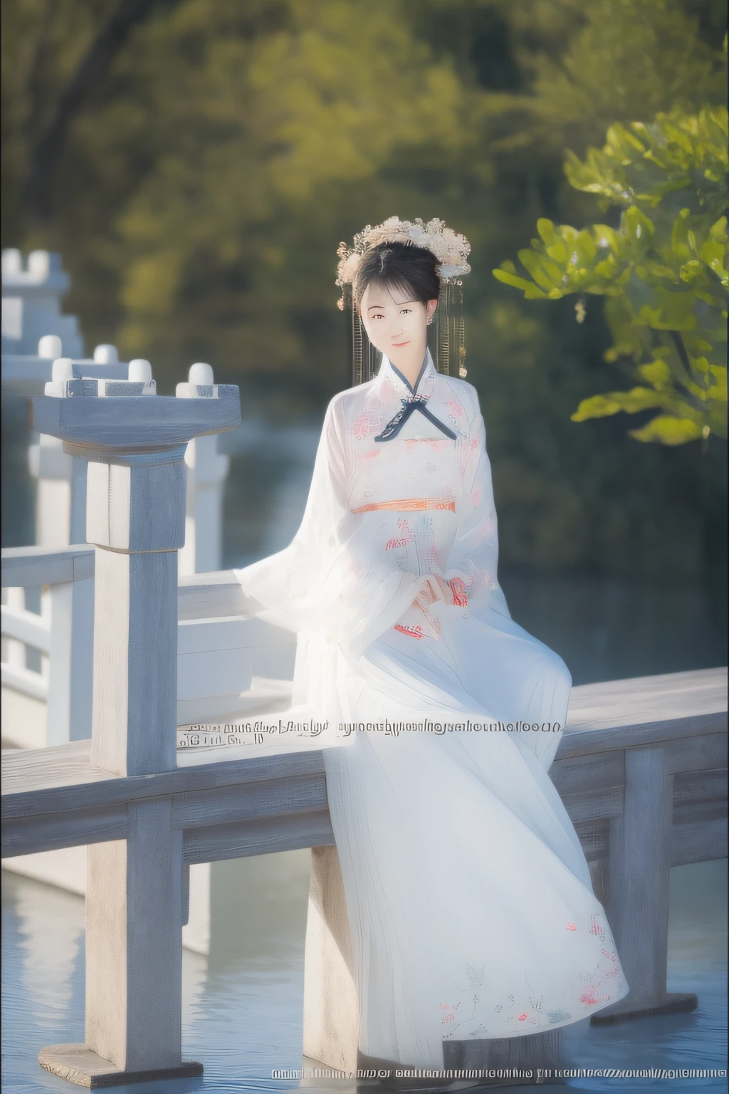 small bridge flowing water,On the bridge deck stood a woman dressed in Chinese clothing。。。。。。。。。,Delicate facial features,In exuberant spirits。hyper HD