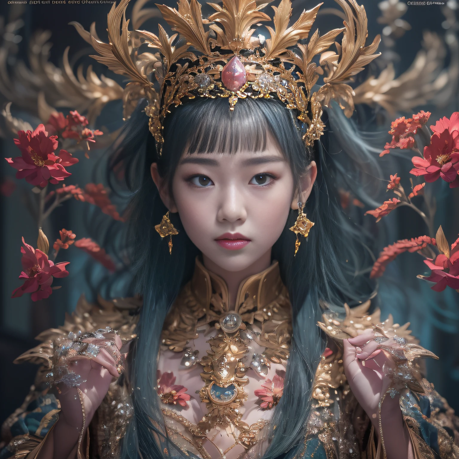 32K(tmasterpiece,k hd,hyper HD,32K)short detailed hair,Gold jewelry area in the back room,Flame Girl ,Yao Lang protector (realisticlying:1.4),Python pattern robe,Purple-pink tiara,Snowflakes fluttering,The background is pure,Hold your head high,Be proud,The nostrils look at people, A high resolution, the detail, RAW photogr, Sharp Re, Nikon D850 Film Stock Photo by Jefferies Lee 4 Kodak Portra 400 Camera F1.6 shots, Rich colors, ultra-realistic vivid textures, Dramatic lighting, Unreal Engine Art Station Trend, cinestir 800,Hold your head high,Be proud,The nostrils look at people