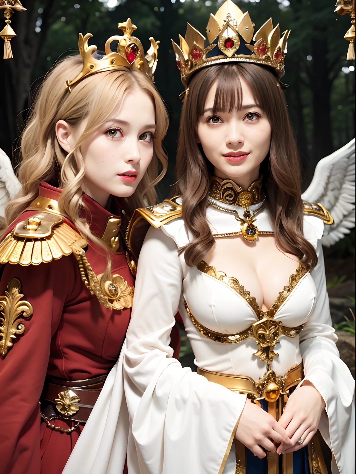 (masutepiece), Professional , masterpiece、top-quality、photos realistic , depth of fields (Gemstone Silver Metal Body:1.9),(Matte White、(Gangle's forest background),(Brown hair long straight)、Jewel Gold Weapon、(Castle background),Gorgeous metal weapons,(Detailed and realistic angel white wings) , Detailed Sword of the Brave , Beautiful knife 、delicated face、20 years girl ,warhammer 40k , adepta sororitas,Detail and ornate jewel crown、a blond、(Gangle's forest background)、Beautiful Caucasian beauty、1a person、dynamic ungle,(((Detailed and ornate diamond crown)))、Smaller head、A smile、Powerful poses、Beautiful thin fingers of a woman、cleavage of the breast、