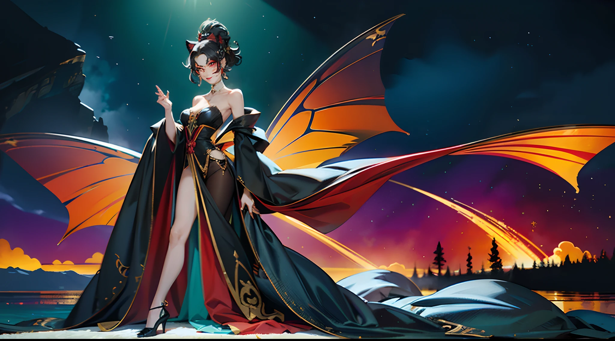 In illustrations of this super grand scene,We enjoyed a fascinating sight,Various scenarios of the multiverse come together。Beneath this intoxicating exterior,We see a mysterious vampire princess,She wore a black robe,Disheveled clothes,Graceful,Dance on the water。Her dancing magic keeps her costumes constantly changing,Blend in with the beauty of the surroundings,Add an unpredictable charm to the whole scene。The dance of the vampire princess is intoxicating,Her rainbow bat wings fluttered behind her like a flying carpet。This wing consists of different styles、colours、Made of small parts of material and style,The tail is long and beautiful。Her dance trajectory is accompanied by a glare effect of neon lights and magical stars,Blend in with your surroundings,Create a stimulating atmosphere for the senses。The vampire princess is tall,Big bang curve,Her facial features are full of seductive sexiness。Her appearance included an overnight stay、Narrowing of the sternum、(Huge red eyes like gemstones:1.99)、Charming face、The evil crazy smile reveals the cute little tiger teeth、Makeup、Slender neck、Beauty collarbone、Slender arms、Slender waist and abdomen、Sexy butterfly buttocks and slender long legs,Display attractive curves and lines。Use Midjourney's advanced brush tools、Color palettes and texture packs,We are the skin of the vampire princess、Costumes and bat wings give intricate textures,Added realism。Her costume and cloak are a mixture of different materials,Displays various styles,From evening dresses to princess dresses,Then there are bikinis and tulle,Creativity and fashion。The whole scene is also full of dreamy elements,The starry sky is full of futuristic technology,There are towering cities in the ground,There are long beaches and small islands on the sea,Plants and fairy tale mythological scenes are intertwined。The Vampire Princess's dance moves echo the environmental elements,Be creative。Powerful tools halfway,We approached it in incredible detail,Bring this grand and