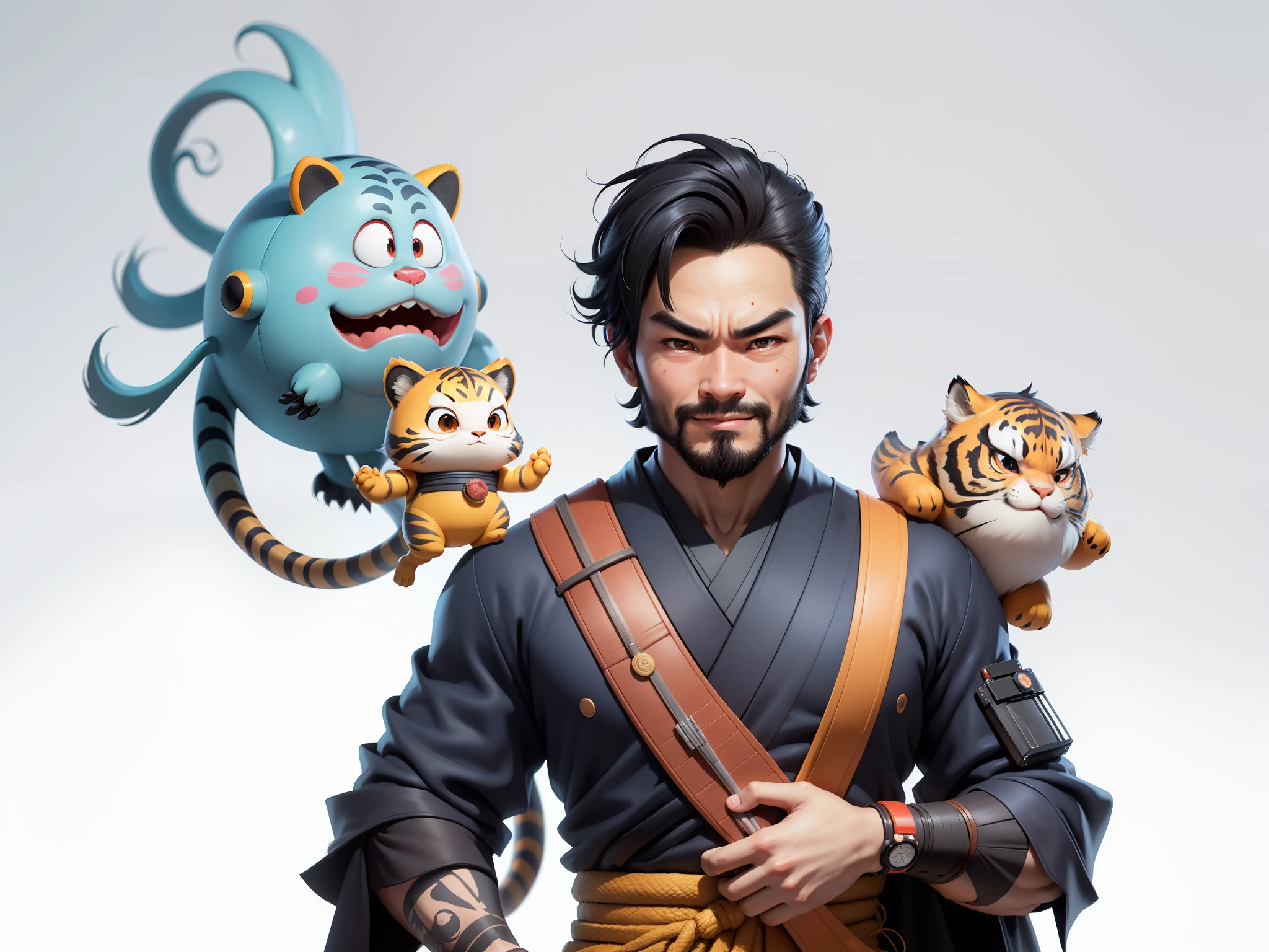 (Daisaku),(Need),(Super meticulous),(full bodyesbian:1.2),Super young man with Japanese geisha，Beautiful，orient，one tiger，Aeolian Thor，Raised sexy，爆乳，Oriental face，TV Anchor，Bust portrait illustration，In black suit，a blue tie，The face is slightly chubby，The face was clean，without a beard，Black super short hair，Black eyes，Smile confidently，3C computer sub-products，iPad， iphone，Digital painting，3D character design by Mark Clairen and Pixar and Hayao Miyazaki and Akira Toriyama，The illustration is a high-definition illustration in 4K resolution，With very detailed facial features and cartoon-style visuals。