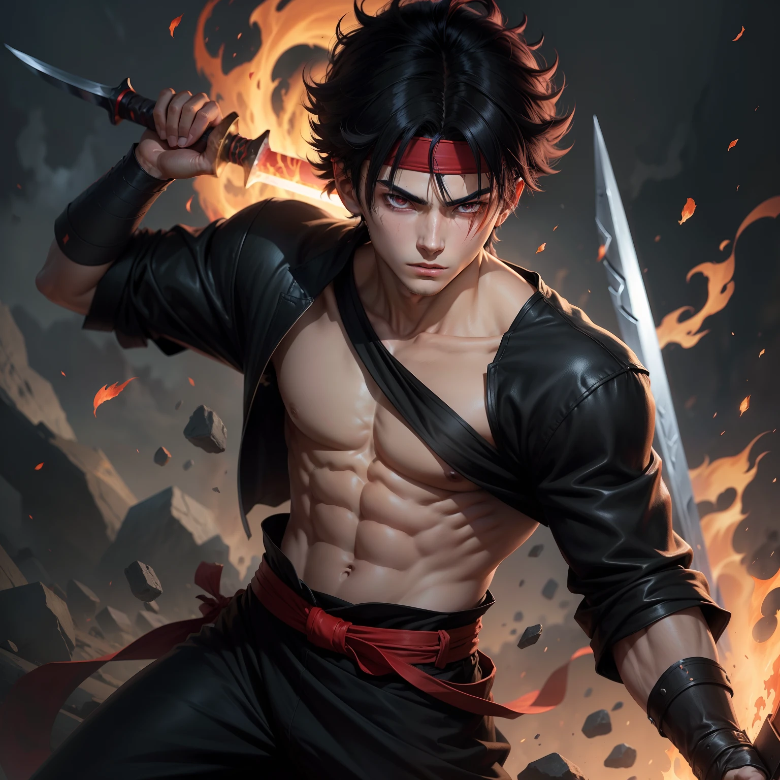 "An anime boy with a prominent scar on his left eye wields a blazing sword. He wears black clothes and a red headband, and holds a mysterious artifact in his left hand."