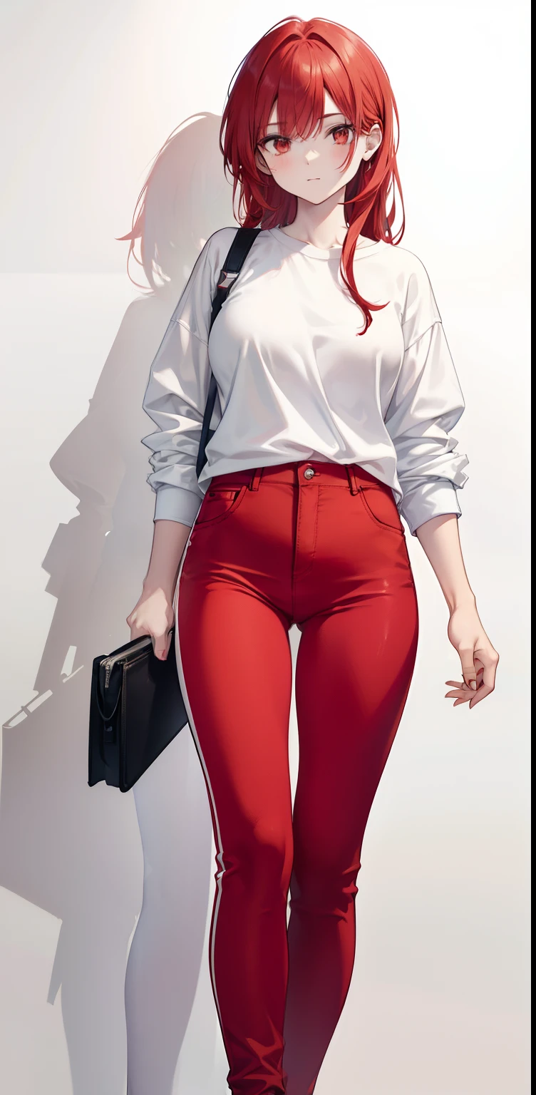 a woman in a white shirt and red pants is playing video game, simple style, wearing elegant casual clothes, muted red, simple clothes, milk and red style, casual clothing style, modern fashion outfit, wearing a fisher , casual modern clothing, inspo, red clothes, red pants, neutral tones, rred and white color scheme, casual business outfit, scary face, nike shoes, 22 years old, adult face, long hair, ((red hair))