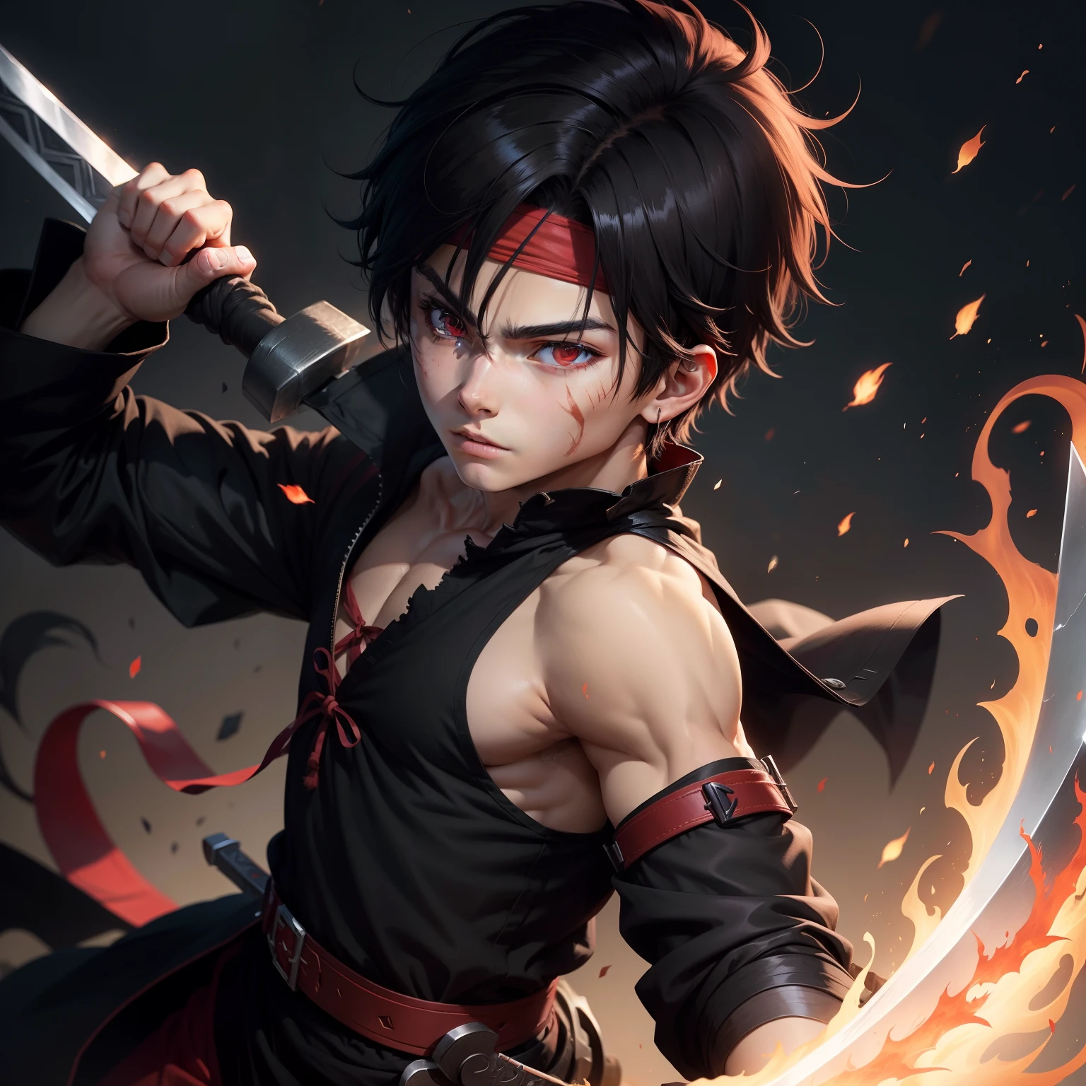 "An anime boy with a prominent scar on his left eye wields a blazing sword. He wears black clothes and a red headband, and holds a mysterious artifact in his left hand."