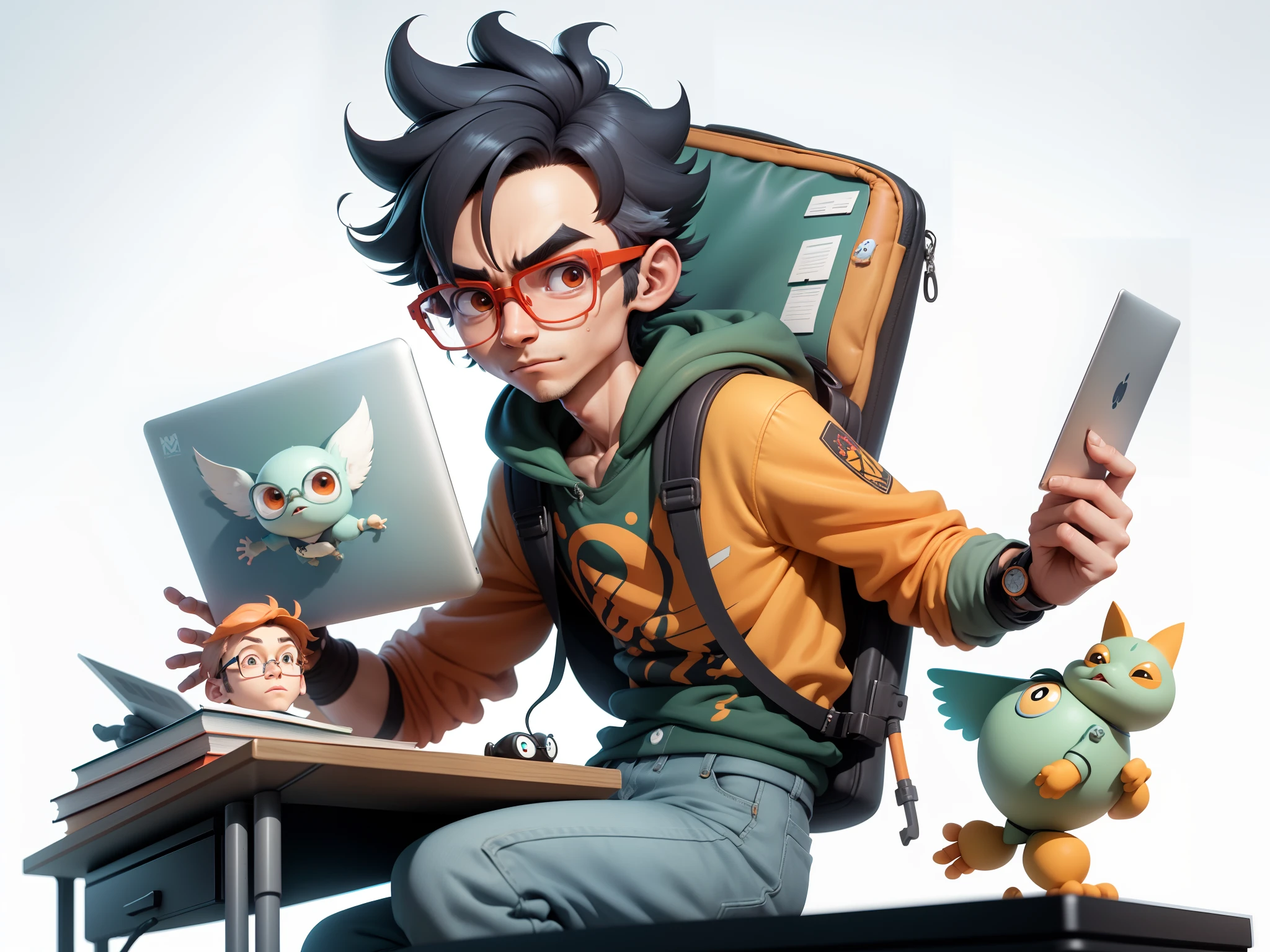 A young man with glasses sits at his desk，holding laptop，digitial painting，3D character design by Mark Clairen and Pixar and Hayao Miyazaki and Akira Toriyama，4K HD illustration，Very detailed facial features and cartoon-style visuals。