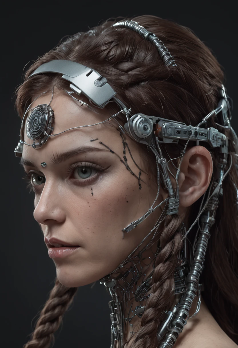 Un primer plano de una mujer con una cadena alrededor de su cabeza, Cybernetic Machine Face, intrincado transhumano, cyber chains such as braids, cybernetic and highly detailed, Retrato detallado de un ser humano Retrato de humanoide, Cyber Head, Arte cyberpunk ultrarrealista 8K, Cyberpunk Medusa, Cyborg - Chica con cabello plateado