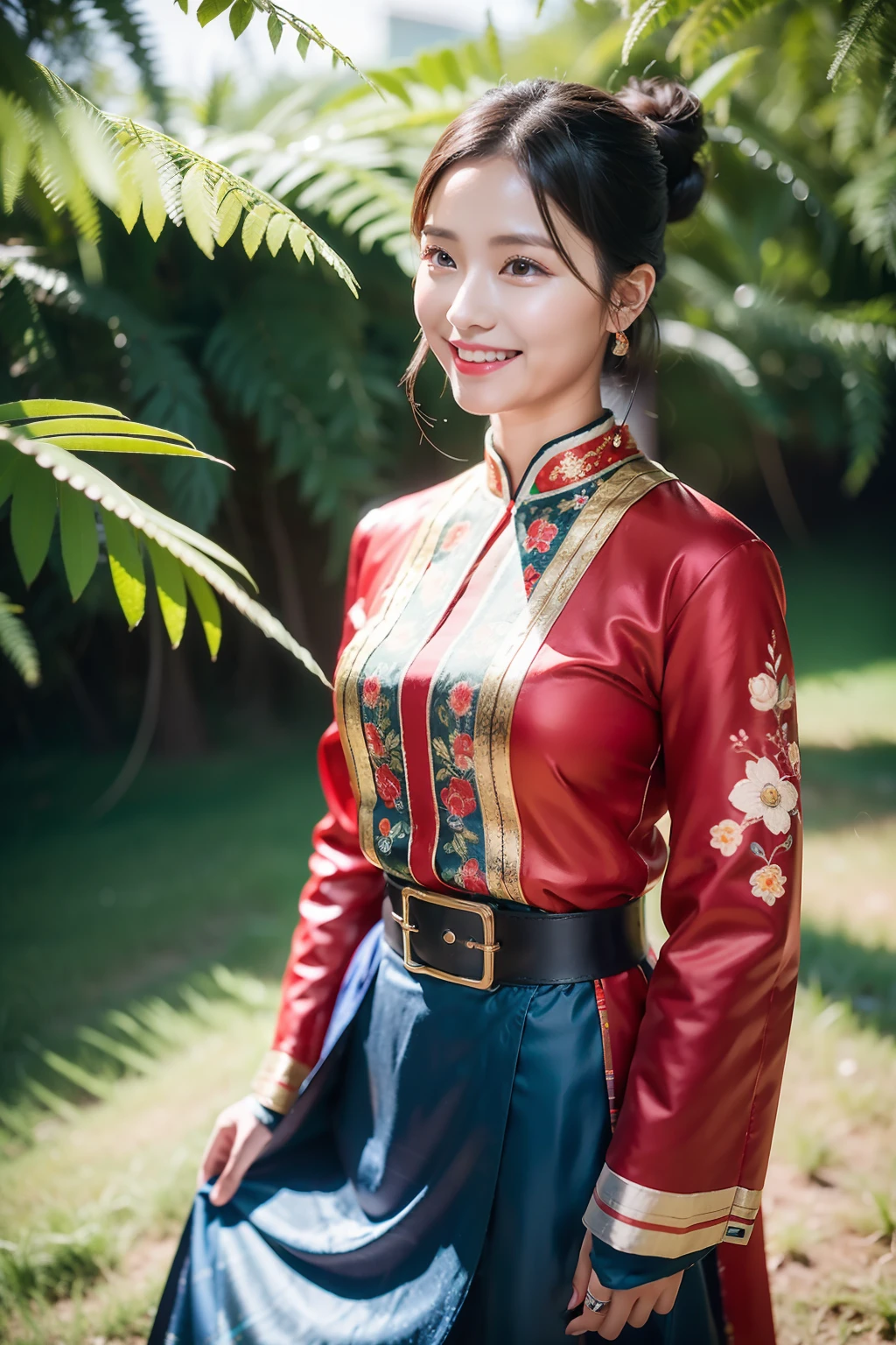 (8K分辨率,Vista full body photo),(1womanl,20yr old,s delicate face,详细的脸,Redlip,Fair smooth skin,(Classic Hmong costume:1.4,(There are floral fabrics,The cuffs are multi-colored horizontal strips,Cardigans,Short waist long version),Silver products,Silver necklace,A small number of flower hairpins,hair-bun),(pleatedskirt,(Hmong embroidery、batik)),耳Nipple Ring,bangle,Tall and tall,The action of the dialog box,perfect hand,Ultra-fine clothing material),(Traditional Xijiang Miao village,Festive party night background in cottage,Exquisite environmental details),(exhilarated,confident smile,Rejoice),(profesional lighting,动态照明),((The colors are more balanced,(black in color,blue colors,red colour))),(Golden section,Cinema lenses,Hasselblad photograp,tmasterpiece:1.3),(Miaozhai idol,Focus on the field,trendsetting,Folklore artist,Art platform)