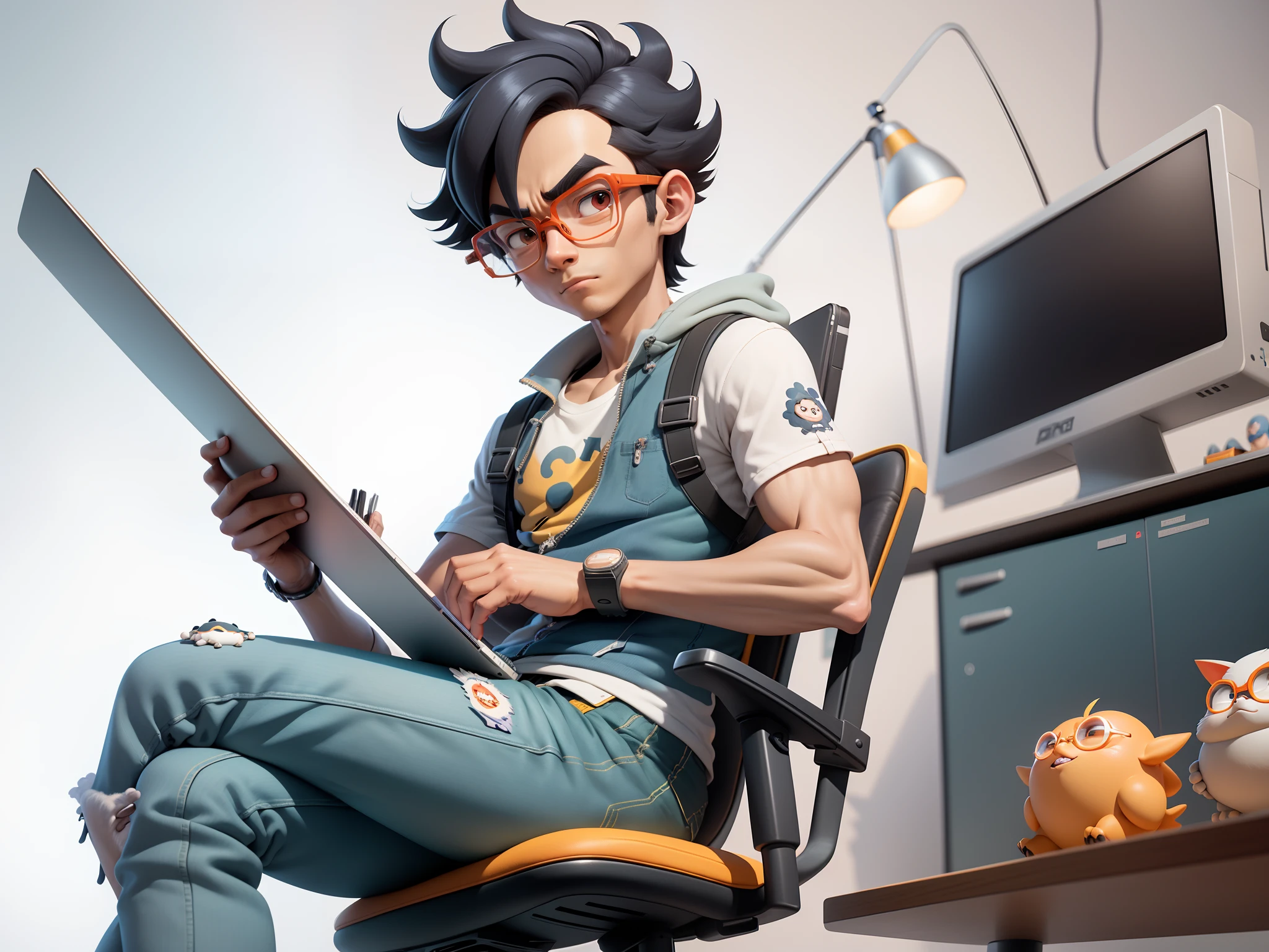 A young man with glasses sits at his desk,holding laptop,digitial painting,3D character design by Mark Clairen and Pixar and Hayao Miyazaki and Akira Toriyama,4K HD illustration,Very detailed facial features and cartoon-style visuals。