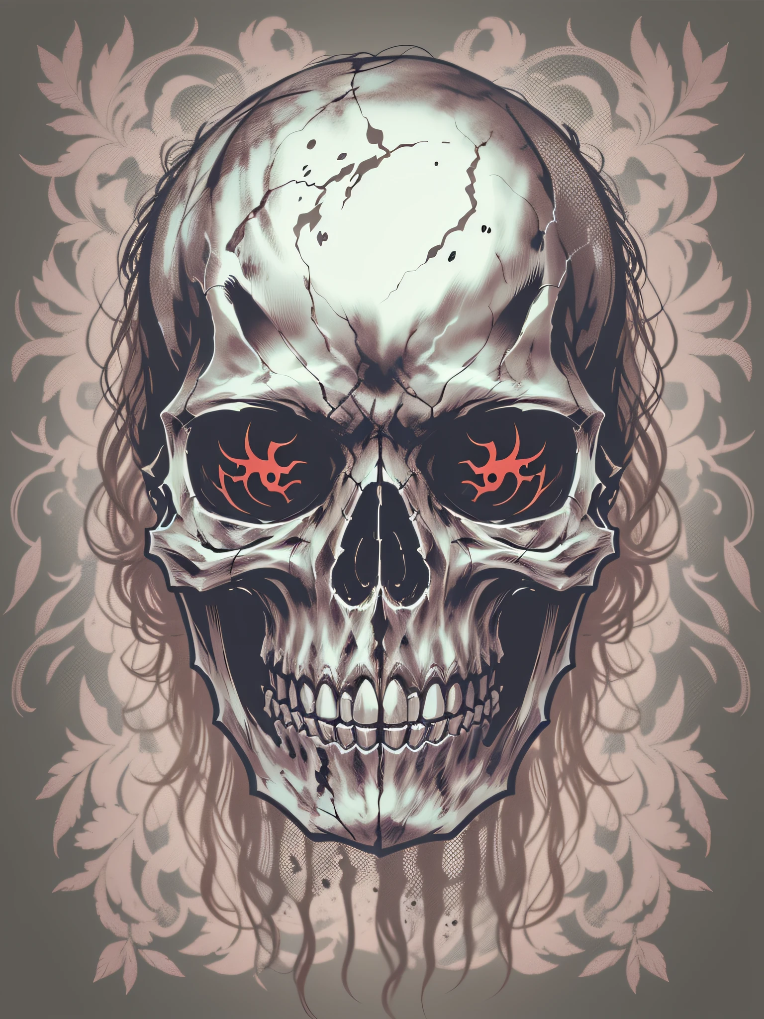 printable t-shirt vector of a dark style skull face, hand drawn art style image, image with white background, outline of skull, image in shabby color tones