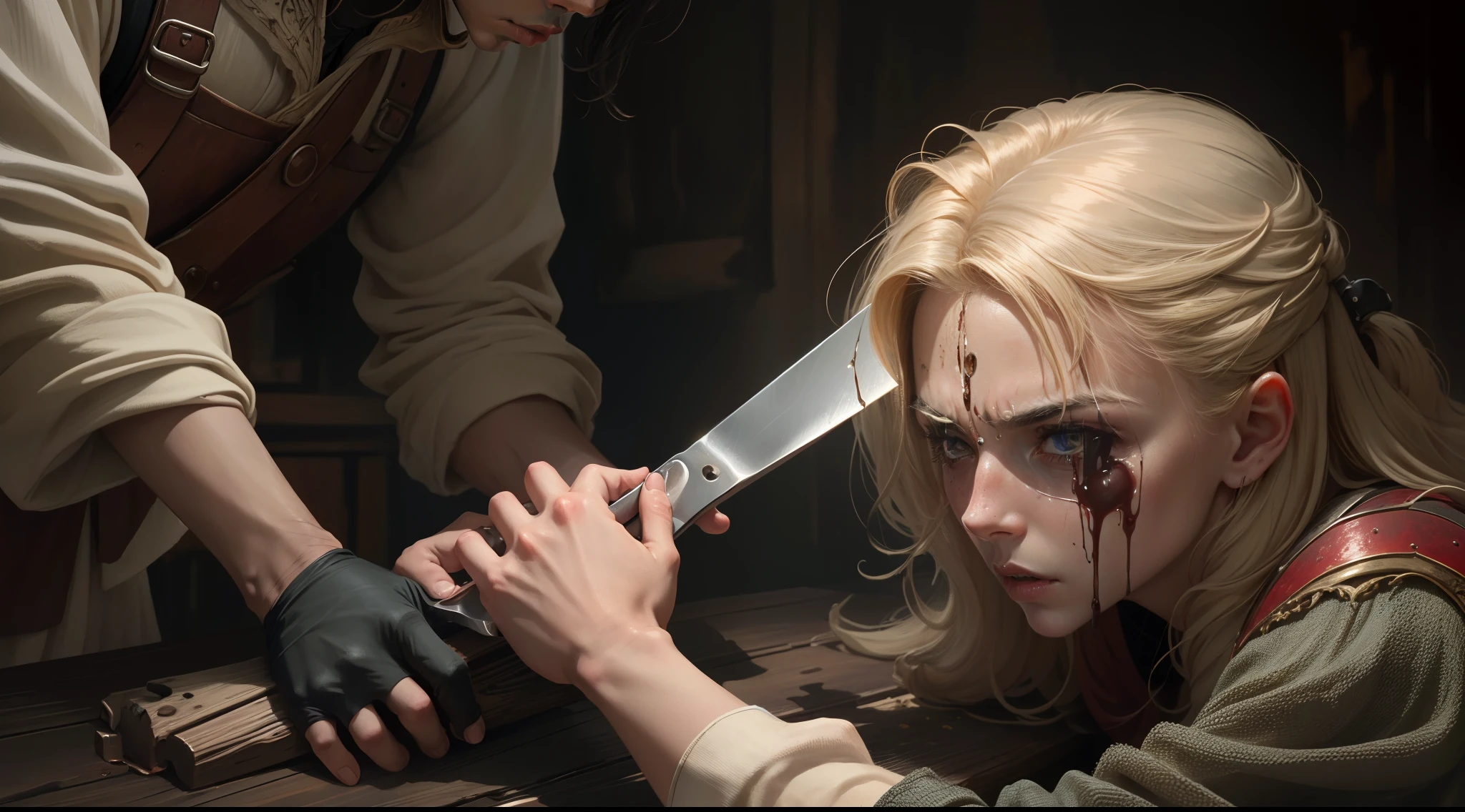 Hand gouging out an eye,realistic, size Horizontal, sangue,horror,cinemactic, apostolos biblia