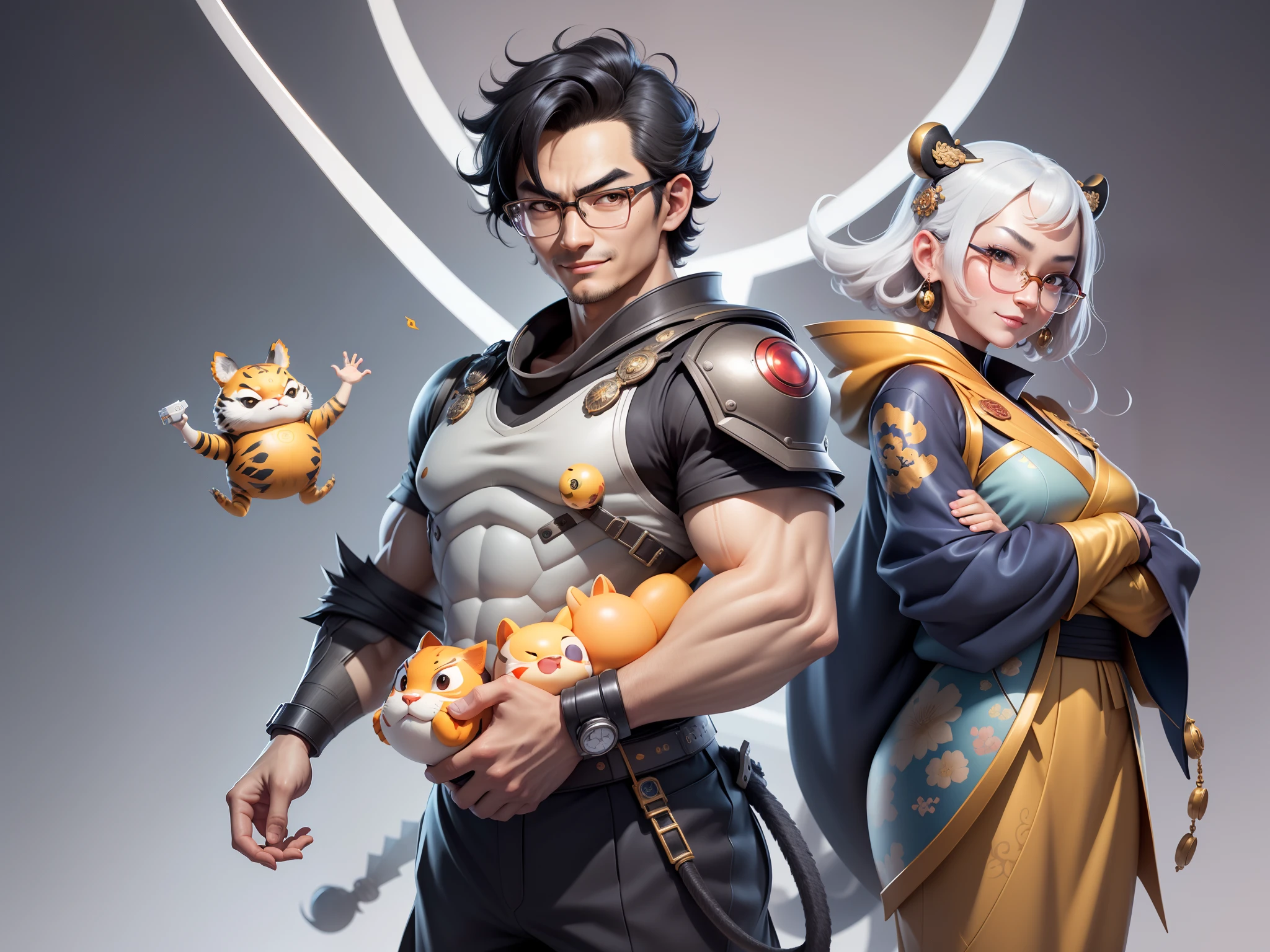 (Masterpiece), (Excellent), (Super Meticulous), (Full Body: 1.2), Super Young Man with Japanese Female Geisha, Pretty, Beautiful, Chinese Dragon, Tiger, Wind God Thor, Sexy, Bursting, Oriental Face, TV Anchor, Bust Portrait Illustration, Black Suit, Blue Tie, Slightly Chubby Face, Silver Glasses, Very Clean Face, No Beard on Chin, Black Super Short Hair, Black Eyes, Confident Smile, 3c Computer Sub-Products, iPad, iPhone, Digital Painting, 3D character design by Mark Clairedon and Pixar and Hayao Miyazaki and Akira Toriyama, the illustrations are HD illustrations in 4K resolution with highly detailed facial features and cartoon-style visuals.