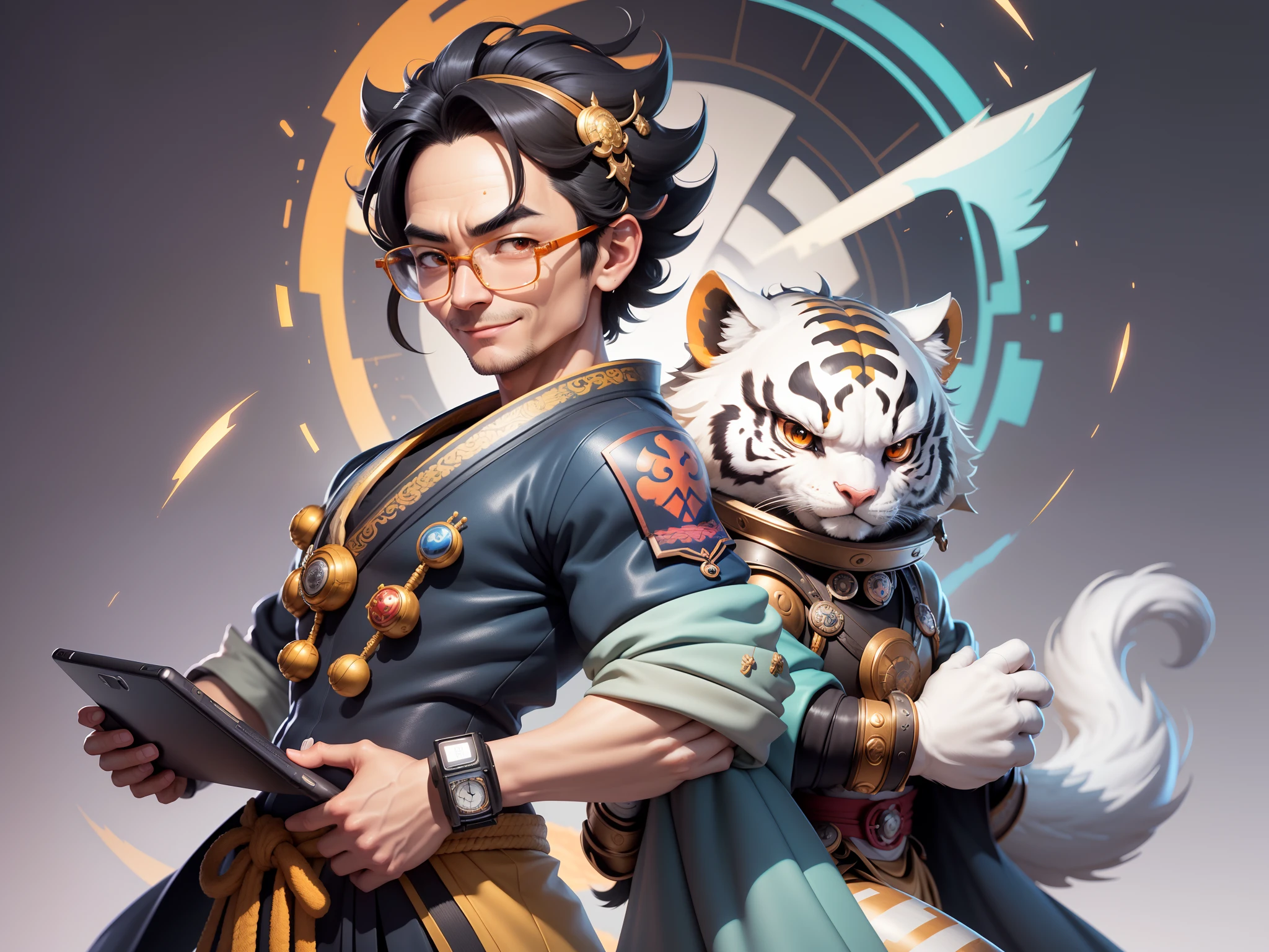 (Masterpiece), (Excellent), (Super Meticulous), (Full Body: 1.2), Super Young Man with Japanese Female Geisha, Pretty, Beautiful, Chinese Dragon, Tiger, Wind God Thor, Sexy, Bursting, Oriental Face, TV Anchor, Bust Portrait Illustration, Black Suit, Blue Tie, Slightly Chubby Face, Silver Glasses, Very Clean Face, No Beard on Chin, Black Super Short Hair, Black Eyes, Confident Smile, 3c Computer Sub-Products, iPad, iPhone, Digital Painting, 3D character design by Mark Clairedon and Pixar and Hayao Miyazaki and Akira Toriyama, the illustrations are HD illustrations in 4K resolution with highly detailed facial features and cartoon-style visuals.