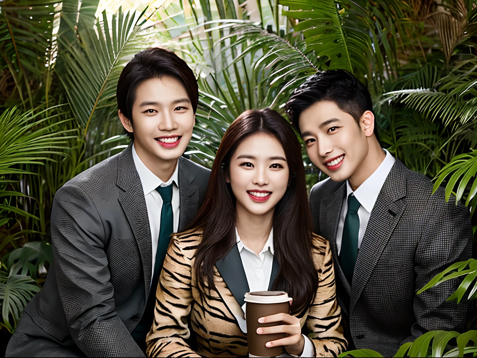 3 malay men seating in office outfit for men drinking coffee in thick and muddy jungle, wear suit, realistic face, detail face, laughing and happy, matured men, bright lighting, ultra detail photography, wild animal in background, tiger in background, wild tiger hiding in background, view from in front, ultra detail face, professional lighting setting,