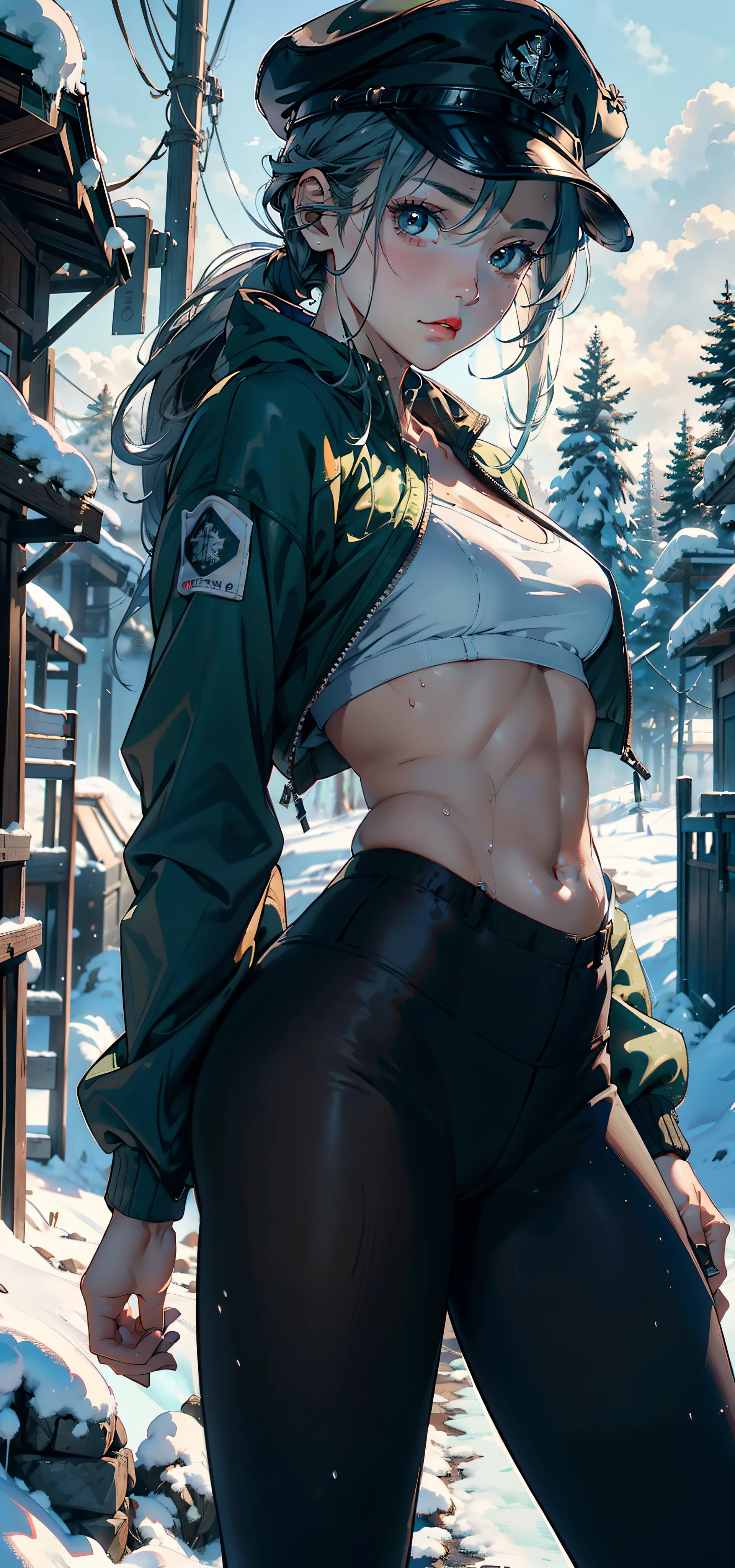 1female，****，teens girl，smallunderboob，Pornographic exposure， 独奏，（Background with：hilltop，coniferous forest，in the winter，Snow on the ground，exteriors） Casual silver hairstyle，Stride，Sweat profusely，drenched all over the body，seen from the front ， mostly cloudy sky，（（（tmasterpiece），（Very detailed CG unity 8K wallpaper），best qualtiy，cinmatic lighting，detailed back ground，beatiful detailed eyes，Bright pupils，（Very fine and beautiful），（Beautiful and detailed eye description），ultra - detailed，tmasterpiece，）），face to the viewer，frontage，A high resolution，ultra - detailed）nakeness，Wipe off panties，revealing breasts，Bare genitalia， Bulge，Camel toes，Raised sexy，Lewd expression，Flushed complexion，Open-mouthed，frontage，military hat，（Wearing：green colored bomber jacket，Black pantyhose）athletic sneakers