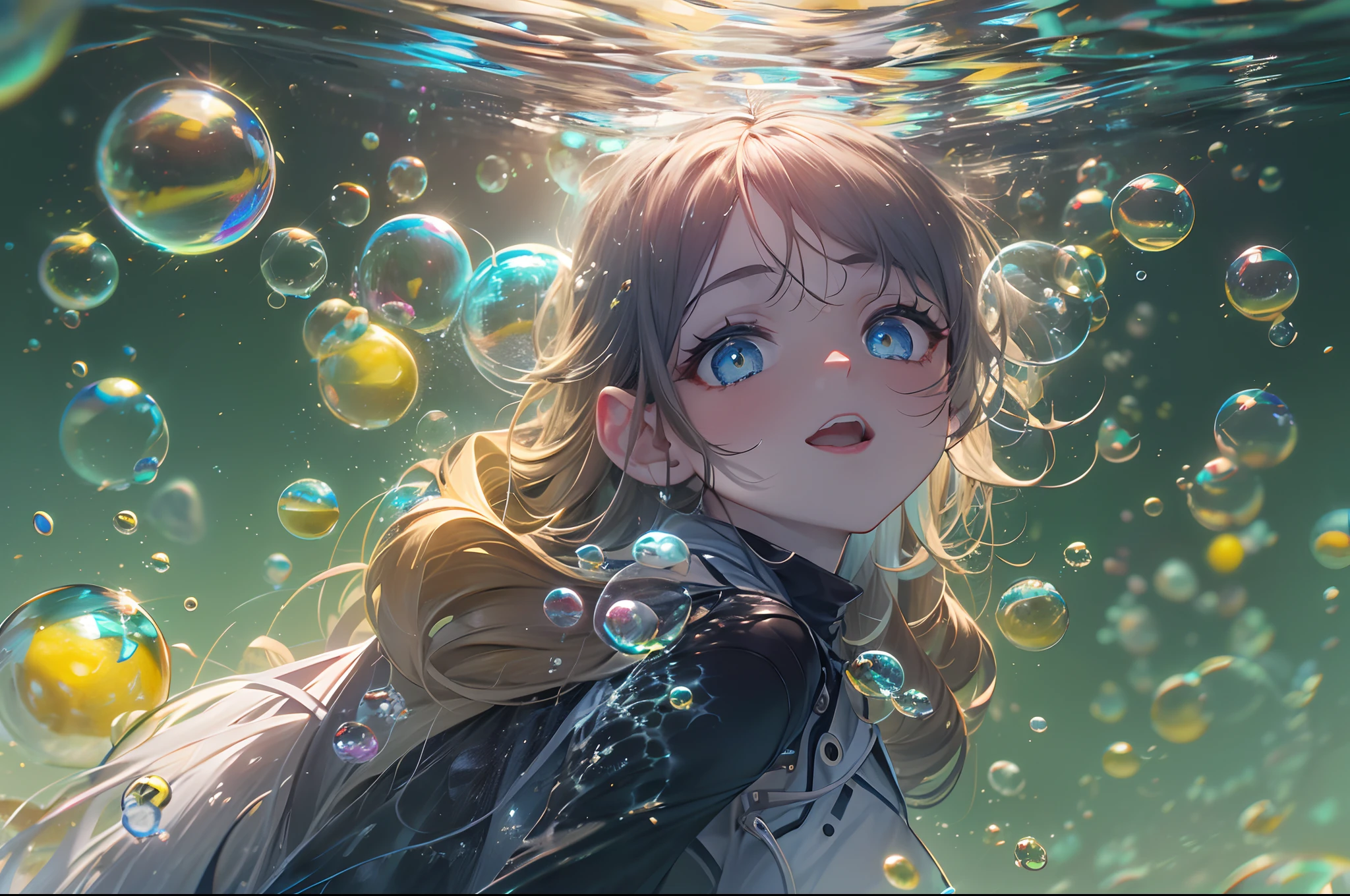 (a teenager is falling into the dark), ((lower is dark and upper is bright)),(under the surface of water), colorful bubbles float up, blue and yellow ray from above, (beautiful views in the bubbles), gradient eyes, anime style, chiaroscuro, depth of field, cinematic lighting, god rays, ray tracing, reflection light, glowing light, from side, ((wide shot)), highres, (masterpiece), best quality, highres, (super detail), anatomically correct, UHD, textured skin