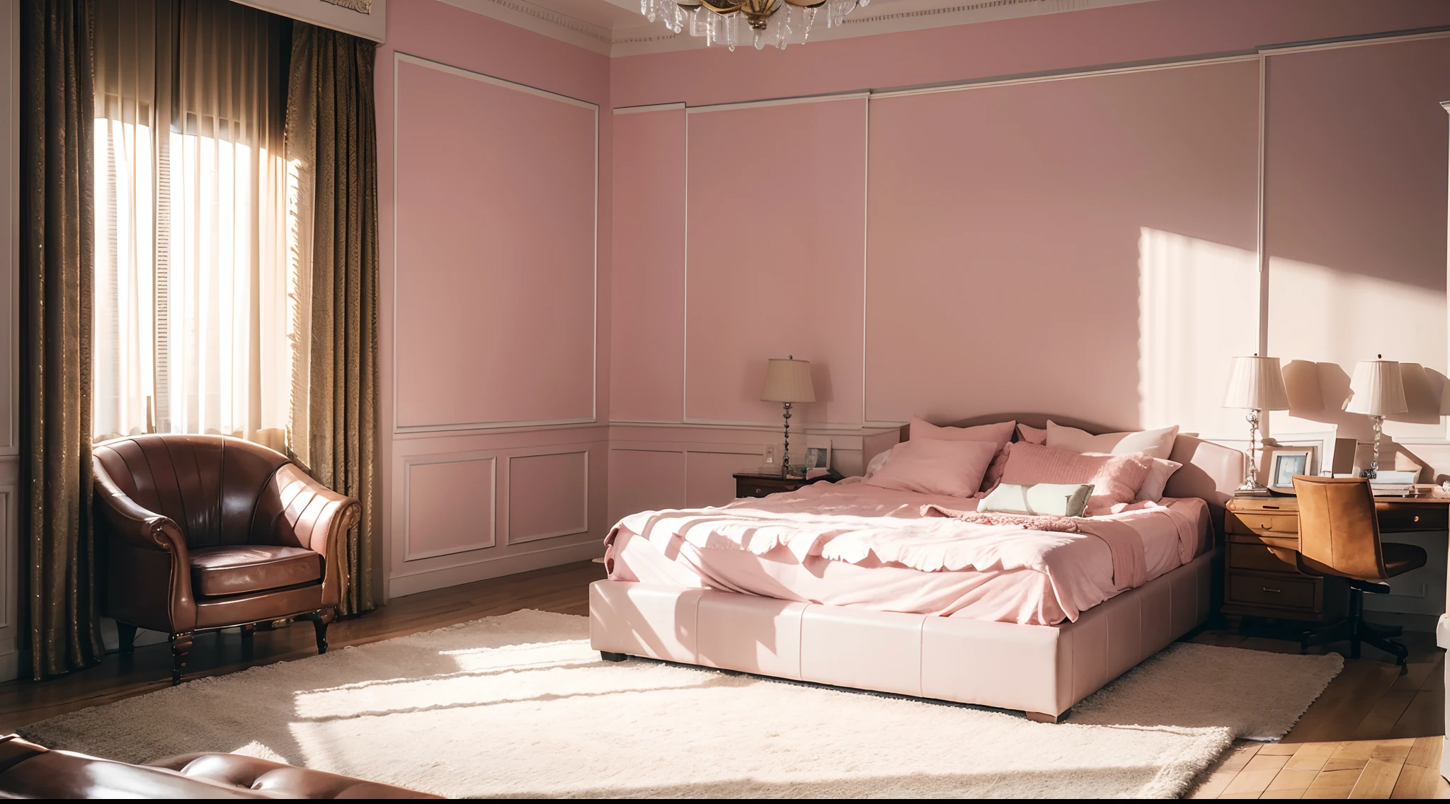 masterpiece, ccurate, super detail, high detail, high quality, best quality, highres, 4K, cinematic lighting, interior architecture, 2-person bedroom fully furnished, light pink leather furniture, 50mm, f/1.8, cannon, EU5.