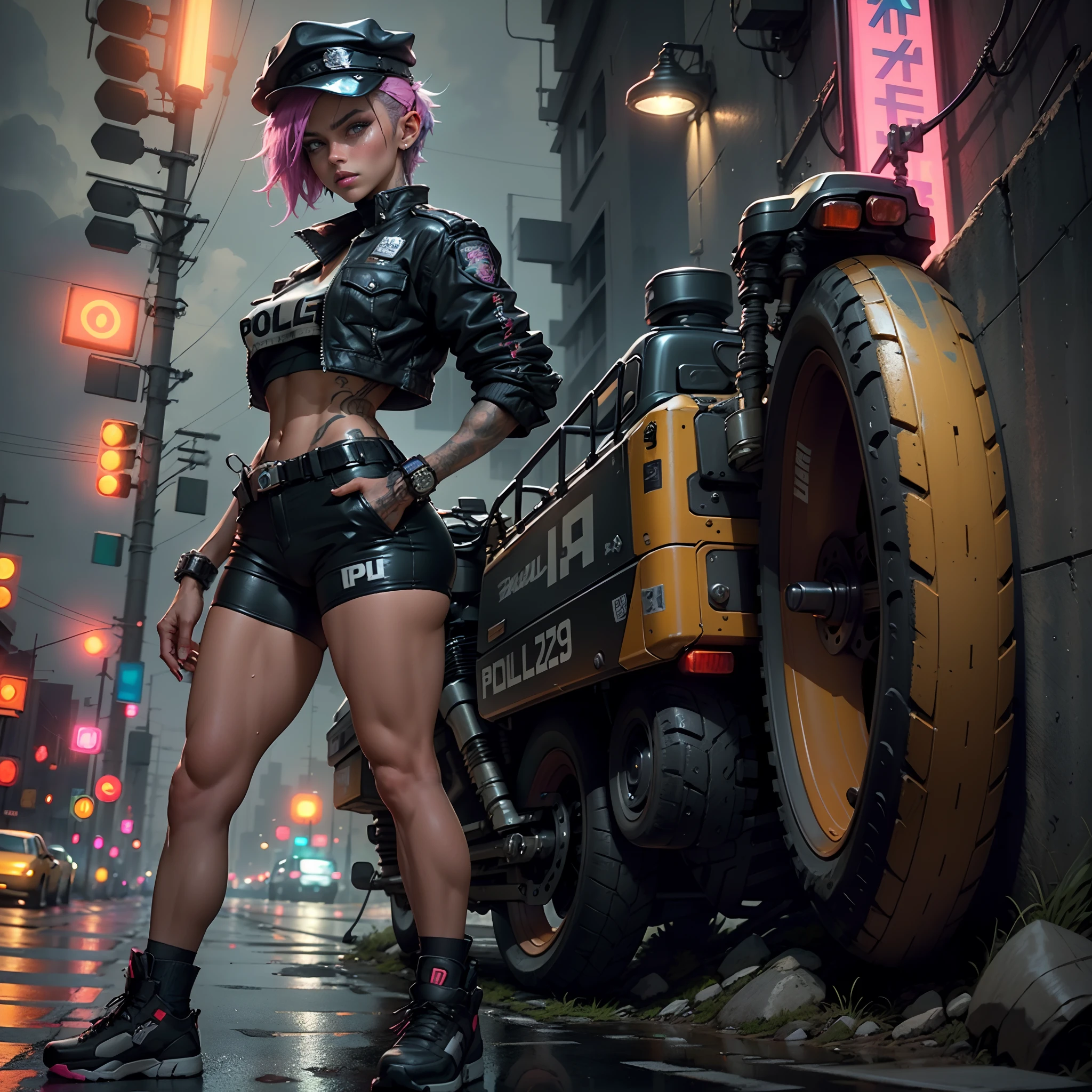 Beautiful woman 1female with punk hair style in a police cap, Short police clothes in the style of cyberpunk police, Tanned dusky Skin, It looks contrasting, good anatomy, Muscles are drawn, standing with futurasric bike,The evening sky is overcast, in the background ((nighttime)) Colorful Neon City, wet asphalt