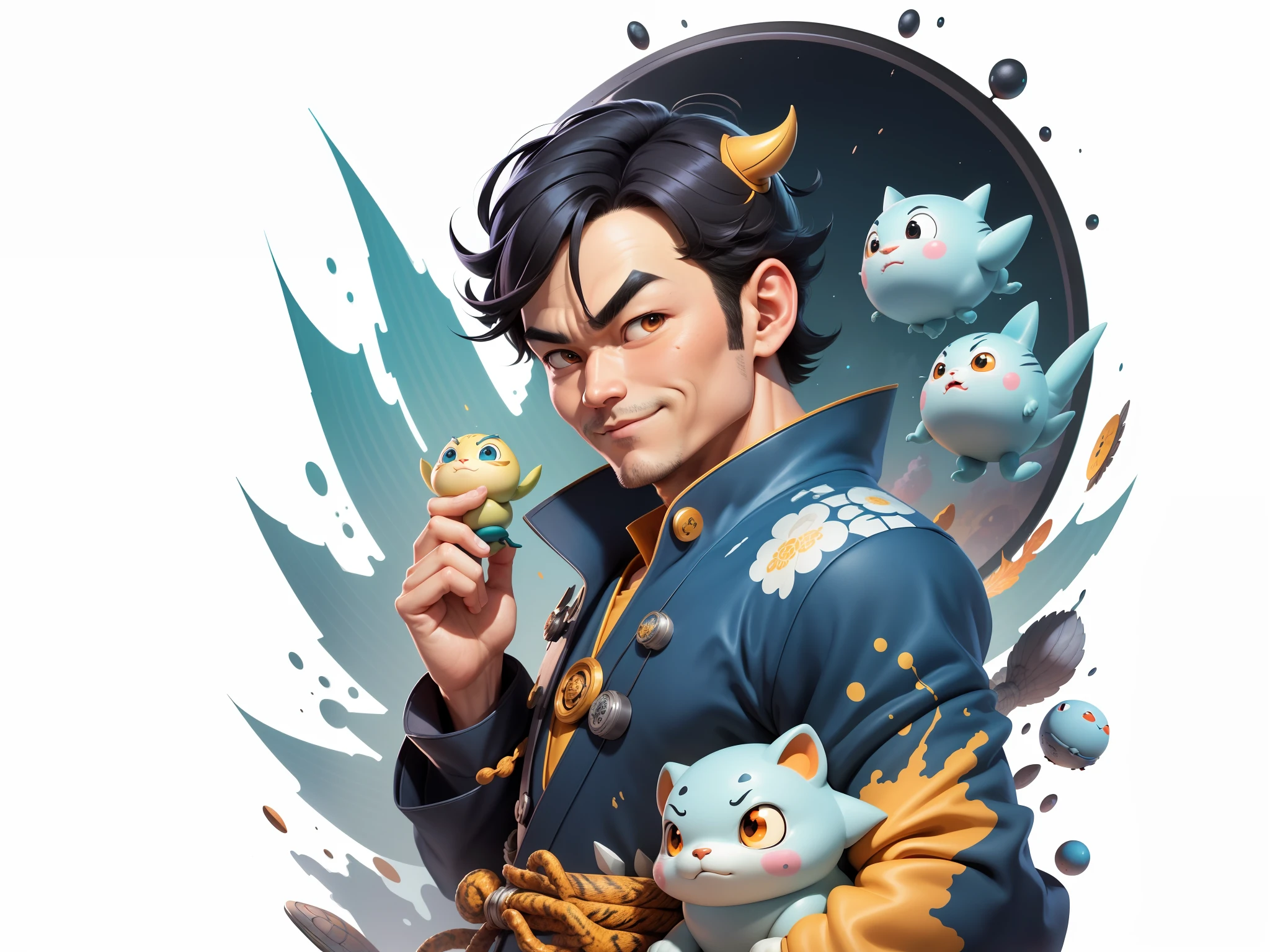 (Masterpiece), (Excellent), (Super Meticulous), (Full Body: 1.2), Super Young Man, Oriental Face, Japanese Kimono, Japanese Wind Thunder God, Dragon, Tiger, TV Anchor, Bust Portrait Illustration, Alone, Black Suit, Blue Tie, Slightly Chubby Face, Very Clean Face, No Beard, Black Super Short Hair, Black Eyes, Confident Smile, 3c Computer Sub-Products, iPad, iPhone, Digital Painting, 3D Character Design by Akira Toriyama and Mark Claireden and Pixar and Hayao Miyazaki, The illustration is a high-definition illustration in 4K resolution with very detailed facial features and cartoon-style visuals.