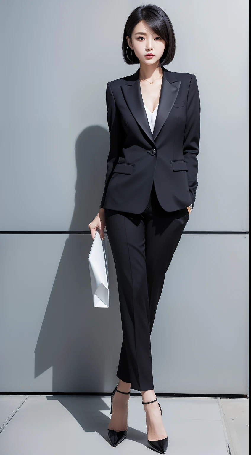 Stylish business style portrait for spring and summer。Model is an asymmetrical bob with platinum highlights。She wears a monochrome tailored suit、Oversized blazer、High-waisted trousers、Wear pointed heels。Accessories include geometric clutch bag and minimalist silver jewelry。