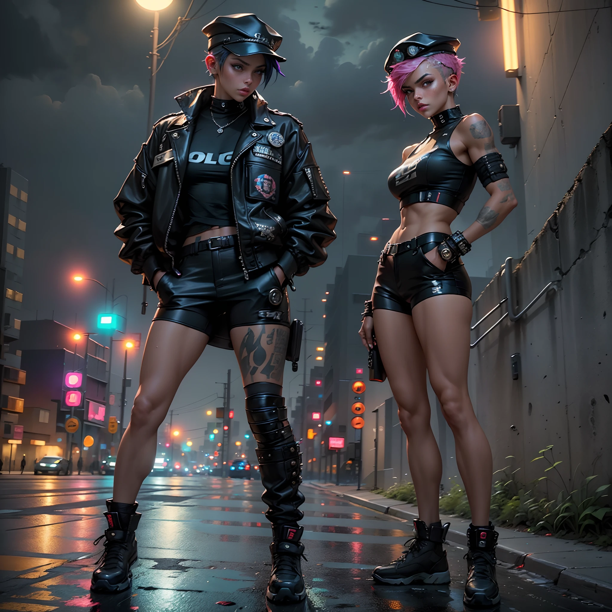 Beautiful woman 1female with punk hair style in a police cap, Short sexzy police clothes in the style of cyberpunk police, Tanned dusky Skin, It looks contrasting, good anatomy, Muscles are drawn, driving futurasric bike full mechanism and jeep,The morning sky is overcast, in the background ((nighttime)) Colorful Neon City, wet asphalt, doodle effect