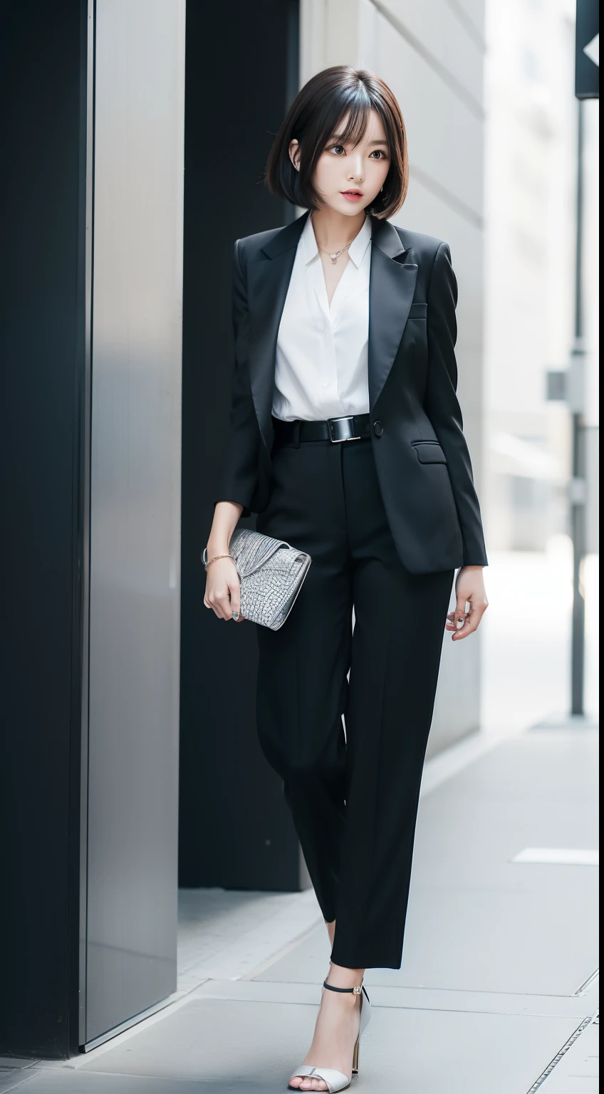Stylish business style portrait for spring and summer。Model is an asymmetrical bob with platinum highlights。She wears a monochrome tailored suit、Oversized blazer、High-waisted trousers、Wear pointed heels。Accessories include geometric clutch bag and minimalist silver jewelry。