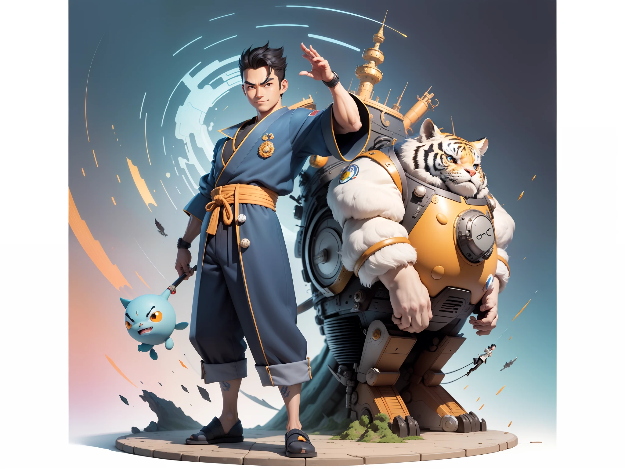 (Masterpiece), (Excellent), (Super Meticulous), (Full Body: 1.2), Super Young Man, Oriental Face, Japanese Kimono, Japanese Wind Thunder God, Dragon, Tiger, TV Anchor, Bust Portrait Illustration, Alone, Black Suit, Blue Tie, Slightly Chubby Face, Very Clean Face, No Beard, Black Super Short Hair, Black Eyes, Confident Smile, 3c Computer Sub-Products, iPad, iPhone, Digital Painting, 3D Character Design by Akira Toriyama and Mark Claireden and Pixar and Hayao Miyazaki, The illustration is a high-definition illustration in 4K resolution with very detailed facial features and cartoon-style visuals.