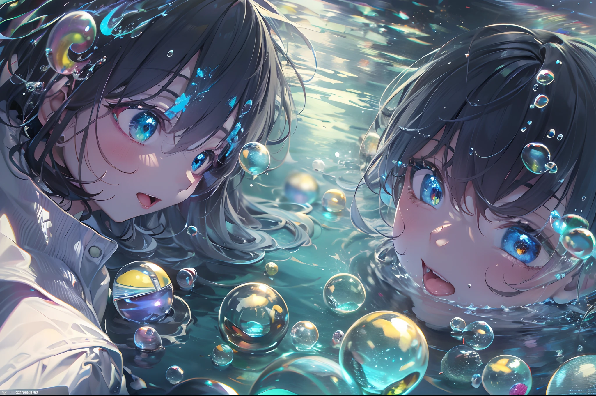 (a ager is falling into the dark), ((lower is dark and upper is bright)),(under the surface of water), colorful small bubbles float up, blue and yellow ray from above, (beautiful views in the bubbles), gradient eyes, anime style, chiaroscuro, depth of field, cinematic lighting, god rays, ray tracing, reflection light, glowing light, from side, ((panorama)), highres, (masterpiece), best quality, highres, (super detail), anatomically correct, UHD, textured skin