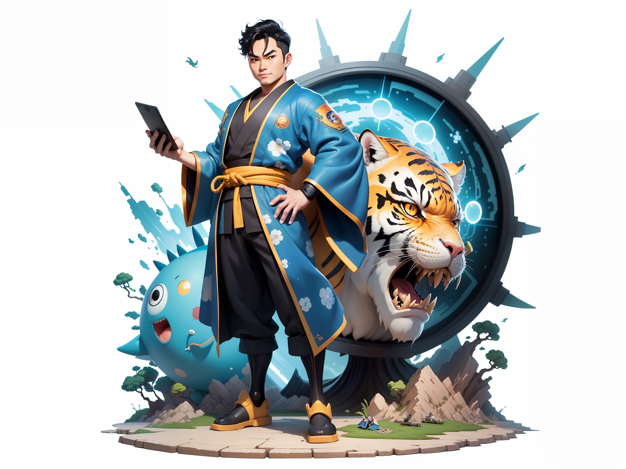 (Masterpiece), (Excellent), (Super Meticulous), (Full Body: 1.2), Super Young Man, Oriental Face, Japanese Kimono, Japanese Wind Thunder God, Dragon, Tiger, TV Anchor, Bust Portrait Illustration, Alone, Black Suit, Blue Tie, Slightly Chubby Face, Very Clean Face, No Beard, Black Super Short Hair, Black Eyes, Confident Smile, 3c Computer Sub-Products, iPad, iPhone, Digital Painting, 3D Character Design by Akira Toriyama and Mark Claireden and Pixar and Hayao Miyazaki, The illustration is a high-definition illustration in 4K resolution with very detailed facial features and cartoon-style visuals.