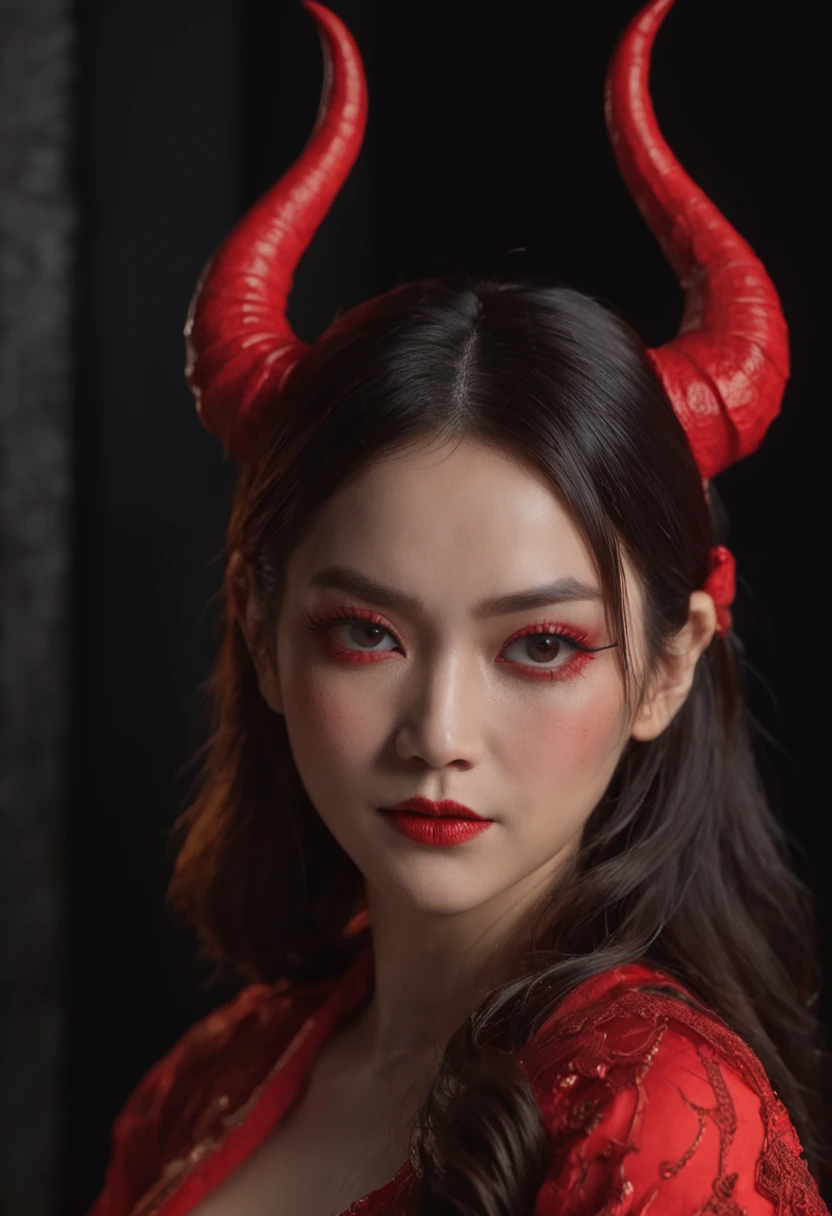 1 beautiful devil woman from hell, In the Dark: 1.6), surreal female portrait by David Hockney and Alphonse Mucha, fantasy art, korea doll, photorealism, dynamic lighting, artstation, poster, volumetric lighting, very detailed faces, 8k ultra, Awarded, in the dark, deep shadow, low key, cowboy lens, (Red phoenix dress: 1.4), long hair, black hair, bust, luxurious palace, Royal style, devil crown, red eyes make up very sharp and detailed, The most beautiful face, The breasts are very big and round and round, Super realistic, chinese women's clothing, polo neck sweater, Charming smile, The eyes are very well made up, guweiz, devil style, wearing black mesh socks, Ponytail with a bow tied at the back of the hair, Red black lips, Devil tattoo on shoulder, wearing a thin red and black robe, the landscape is overcast and thunderous, (Portrait), Close-up of the main character, (Background details 1.8),
