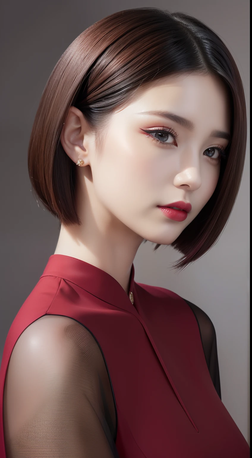 Portrait of a modest business hairstyle for spring and summer。Hair is an asymmetrical bob with platinum highlights。Makeup with bold red lips and sharp wing eyeliner、Reflects advanced technology and edgy appearance。