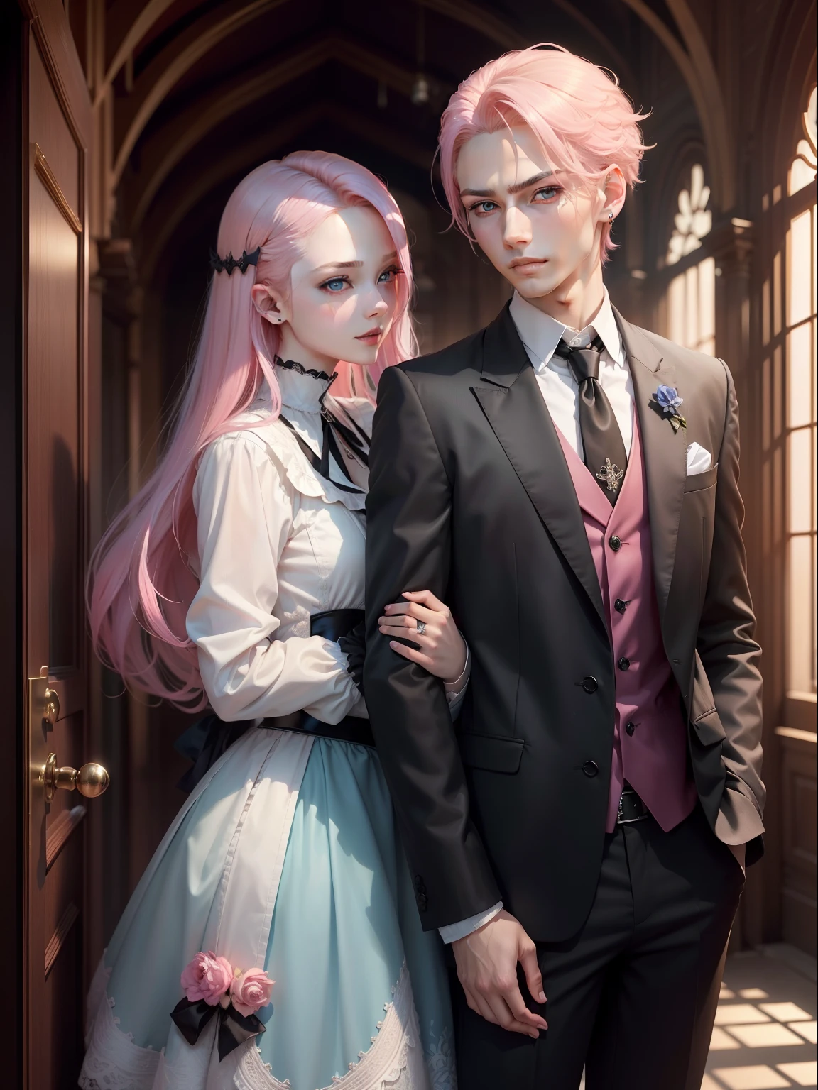 1 young man,pink hair,short hair,Swipe left,Tie a big black bow on your head.,red eyes,bright atmosphere,lucrative,smile,cute,cake,White Rose Garden,pink dress,Pink pants,stockings above the knee