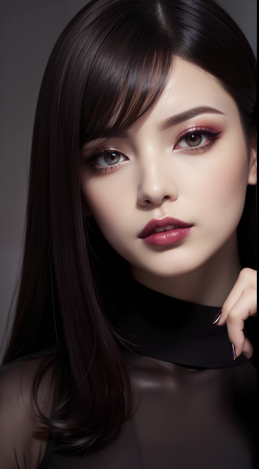 Portrait of a mode business hairstyle for autumn and winter。Hair is sleek straight in dark tones。Makeup with dark plum lips and smoky eyes、It creates a mysterious and high-fashion look。