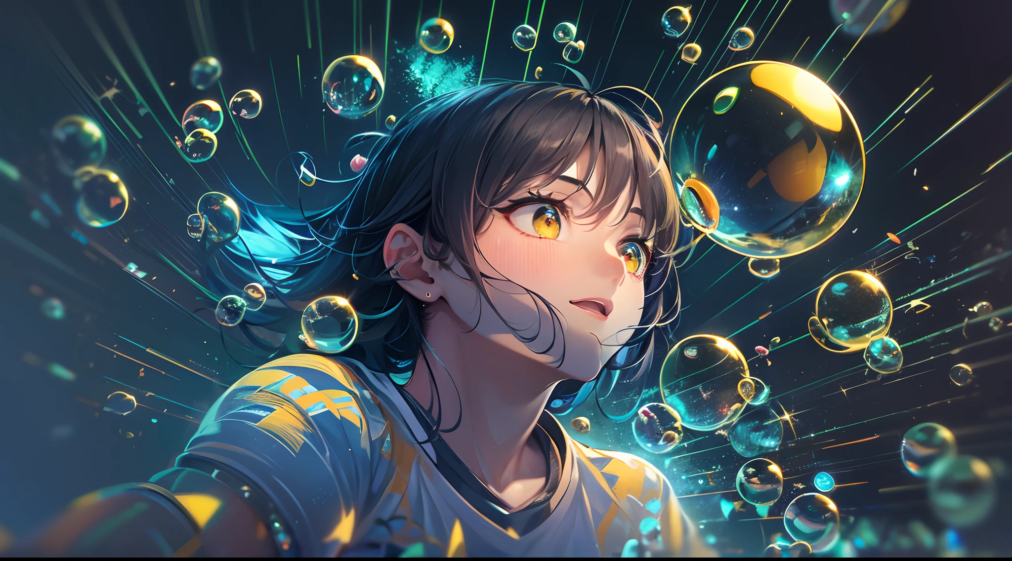 (a teenager is falling into the dark), ((lower is dark and upper is bright)),(under the surface of water), colorful small bubbles float up, blue and yellow ray from above, gradient eyes, anime style, chiaroscuro, depth of field, cinematic lighting, god rays, ray tracing, reflection light, glowing light, from side, ((panorama)), highres, (masterpiece), best quality, highres, (super detail), anatomically correct, UHD, textured skin