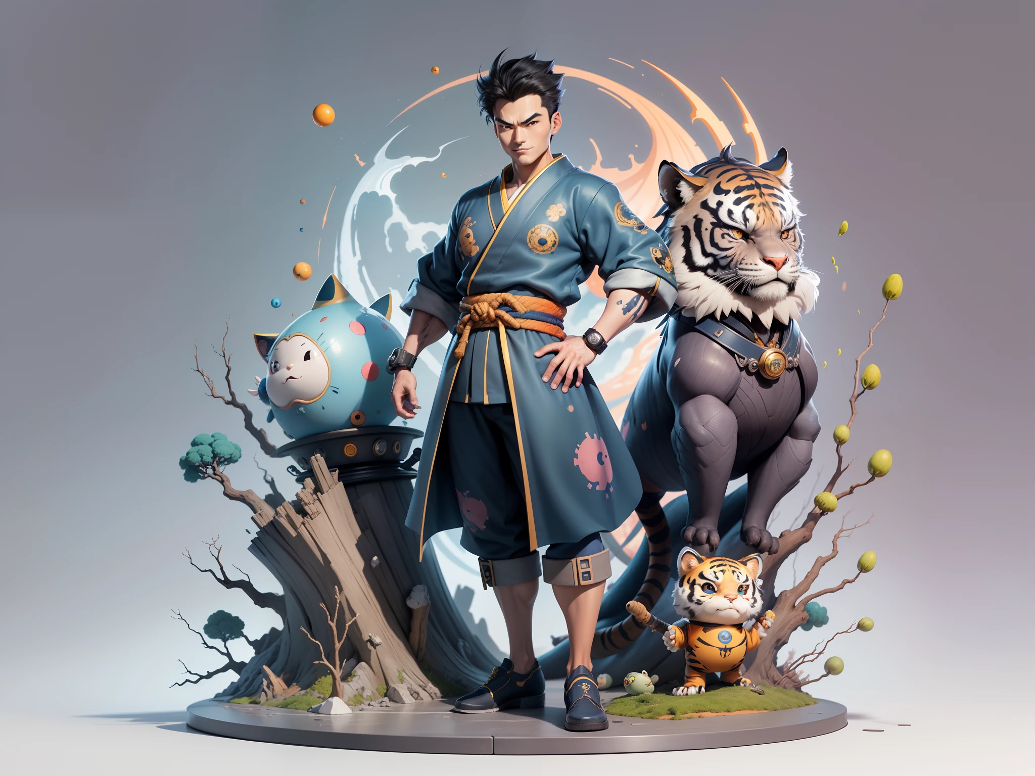 (Masterpiece), (Excellent), (Super Meticulous), (Full Body: 1.2), Super Young Man, Oriental Face, Japanese Kimono, Japanese Wind Thunder God, Dragon, Tiger, TV Anchor, Bust Portrait Illustration, Alone, Black Suit, Blue Tie, Slightly Chubby Face, Very Clean Face, No Beard, Black Super Short Hair, Black Eyes, Confident Smile, 3c Computer Sub-Products, iPad, iPhone, Digital Painting, 3D Character Design by Akira Toriyama and Mark Claireden and Pixar and Hayao Miyazaki, The illustration is a high-definition illustration in 4K resolution with very detailed facial features and cartoon-style visuals.